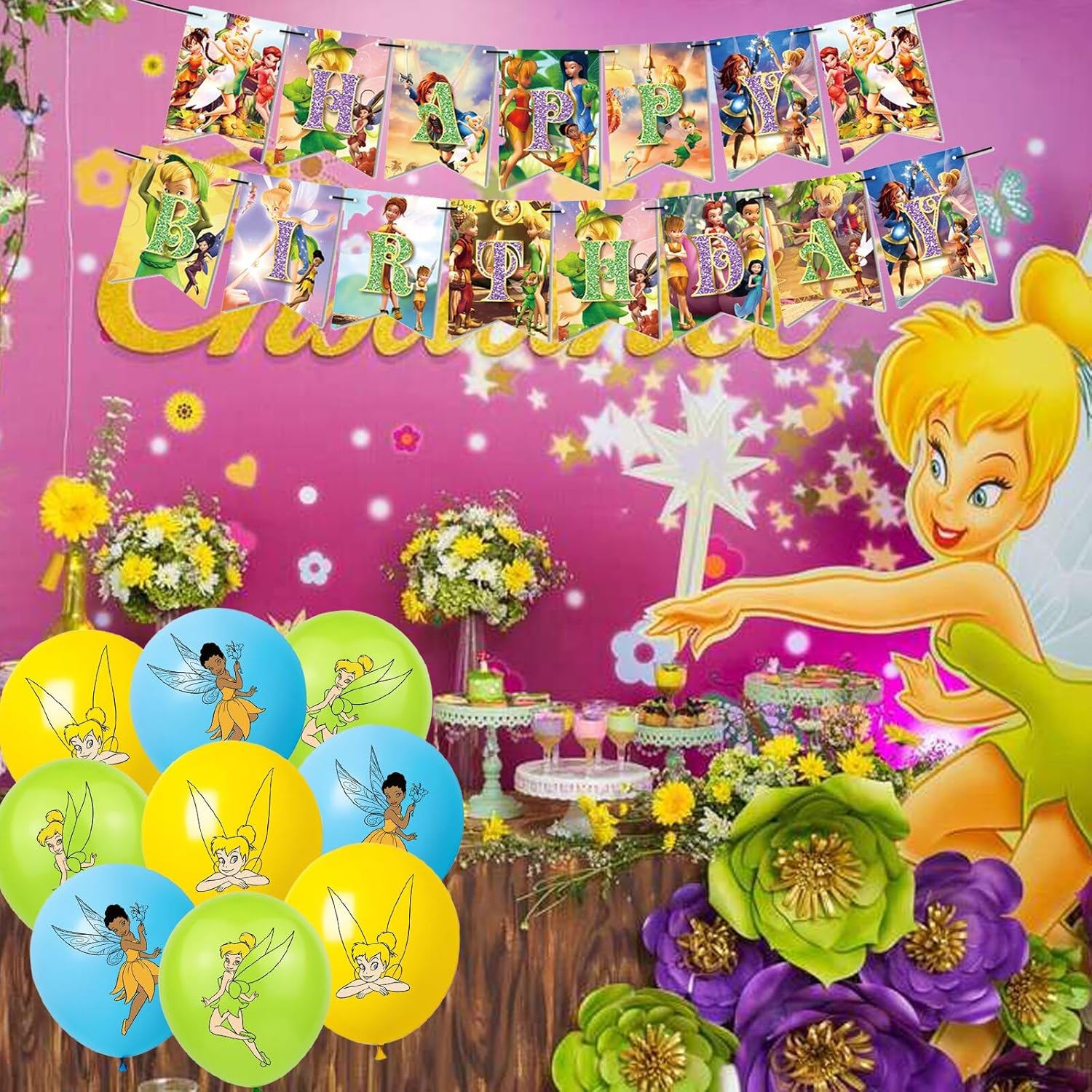Tinker Bell – Decoraciones de fiesta de cumpleaños, suministros de fiesta de películas de hadas, incluye pancarta, decoraciones para pasteles,