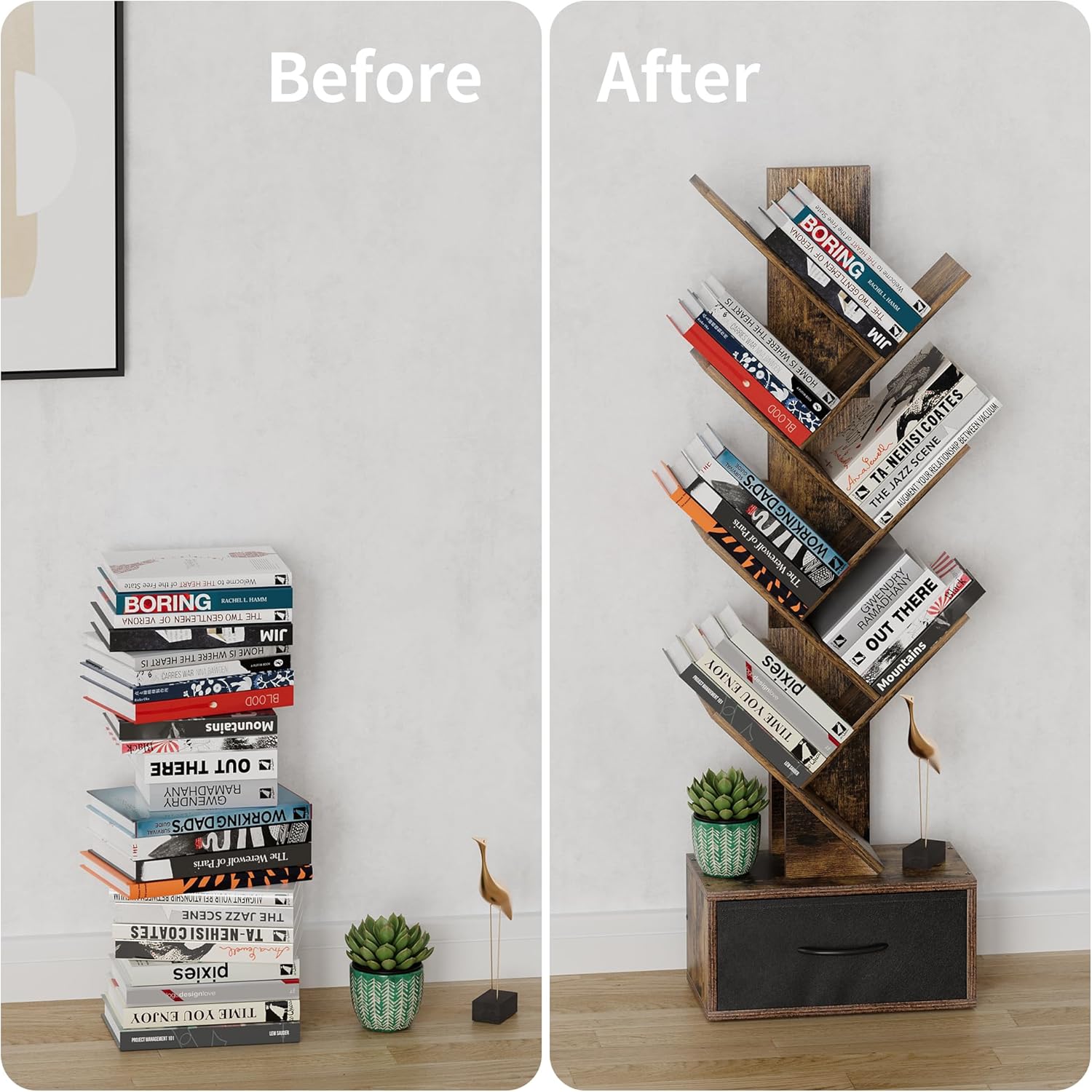 Egepon Estantería de árbol de 6 niveles con cajón, estante rústico marrón para libros, estante de almacenamiento de pie para CDs, películas, libros,