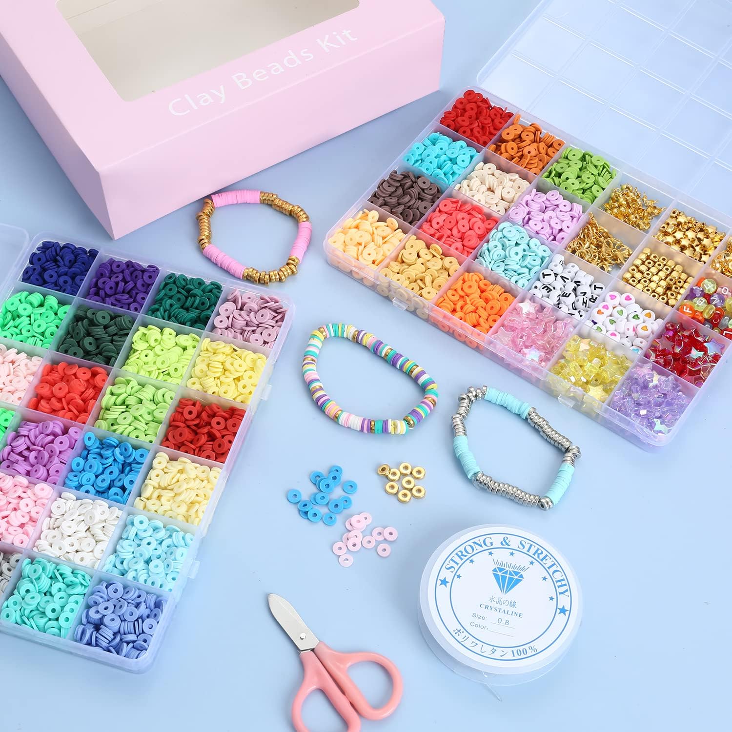 7300 cuentas de arcilla para hacer pulseras, kit de joyería, collares, regalos, 2 cajas planas, redondas, espaciadoras de polímero heishi con