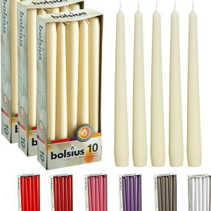 BOLSIUS Velas cónicas largas de color marfil para el hogar, cera de alta calidad sin perfume de 10 pulgadas, 8 horas de combustión, paquete a granel BOLSIUS Velas cónicas largas de color marfil para el hogar, cera de alta calidad sin perfume de 10 pulgadas, 8 horas de combustión, paquete a granel