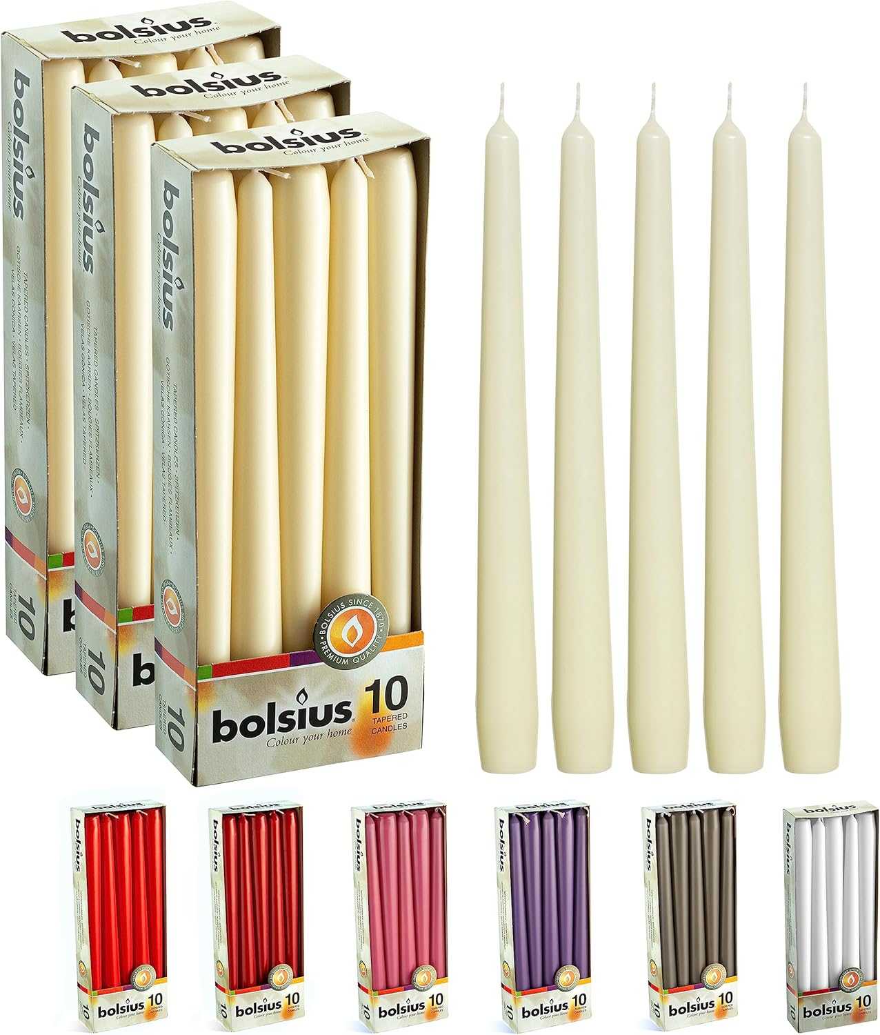 BOLSIUS Velas cónicas largas de color marfil para el hogar, cera de alta calidad sin perfume de 10 pulgadas, 8 horas de combustión, paquete a granel