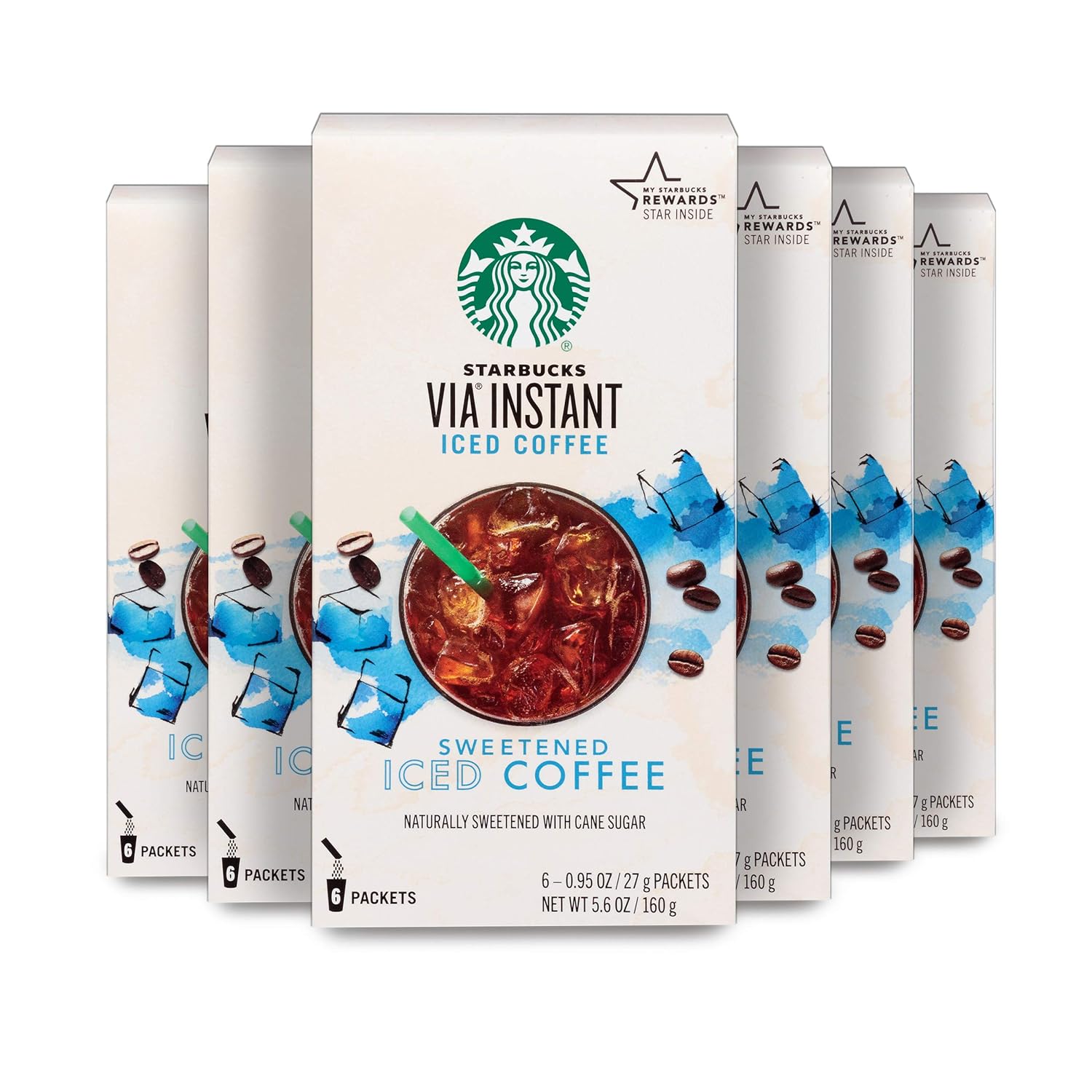 Starbucks VIA – Paquetes de café instantáneo tostado medio, café helado endulzado, 6 cajas (36 paquetes en total)