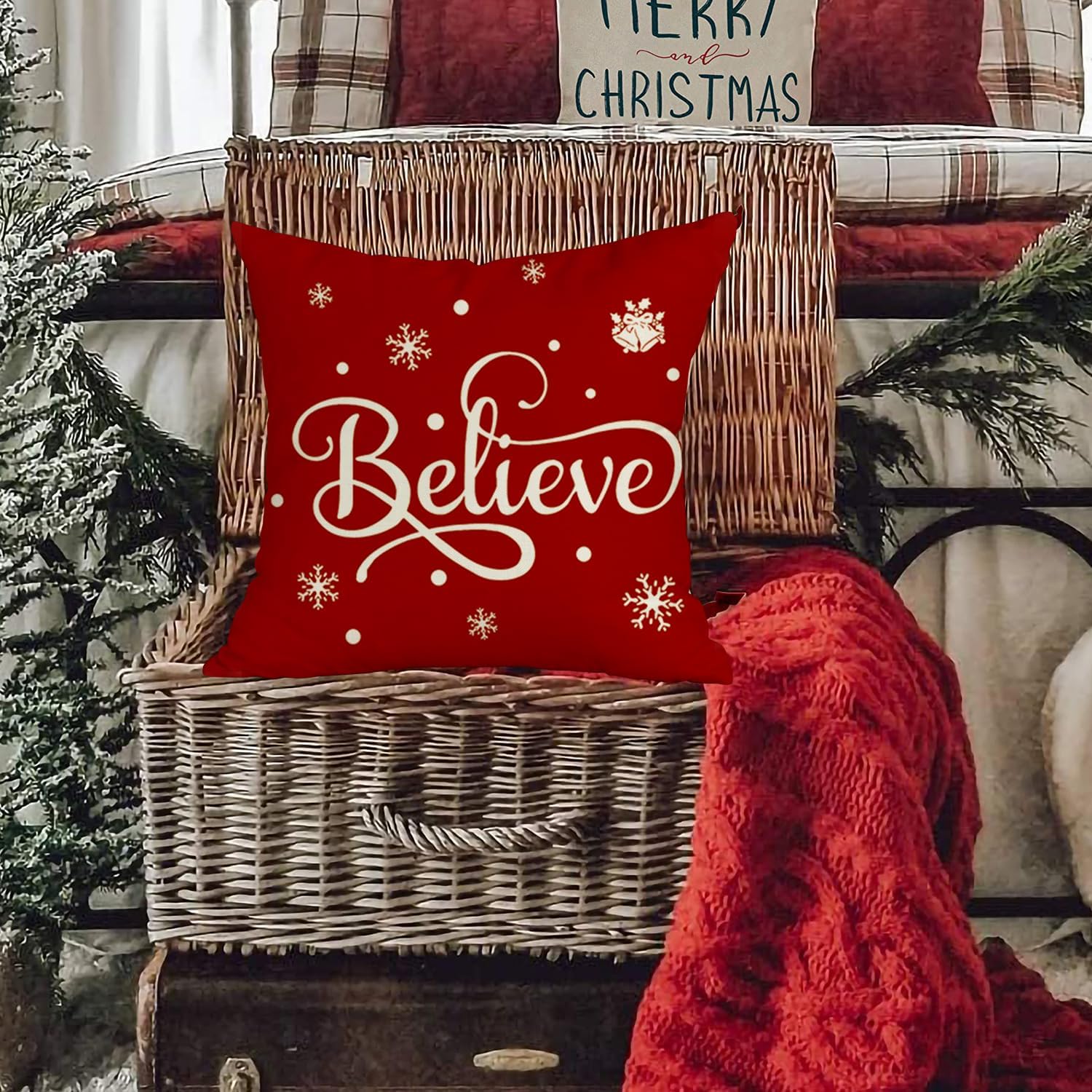 RABUSOFA Fundas de cojín de Navidad de 18 x 18 pulgadas, fundas de almohada de copo de nieve de invierno, almohadas rojas de Navidad, decoración de