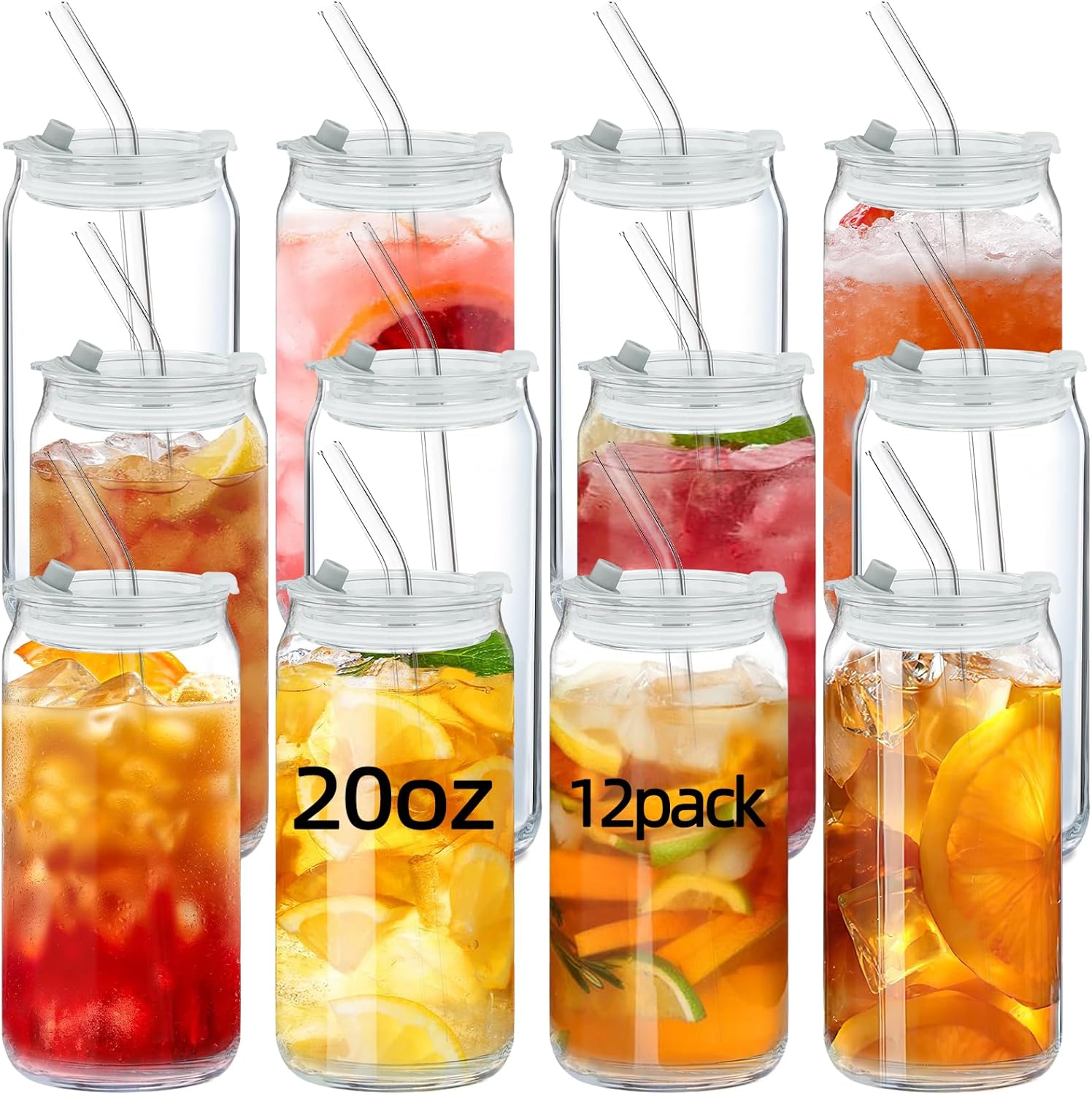 AiHeart Juego de 12 vasos para beber con tapas y popotes de vidrio, vasos de vidrio con forma de lata de cerveza de 20 onzas, vasos de café helado,