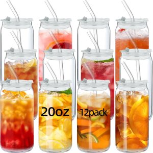 AiHeart Juego de 12 vasos para beber con tapas y popotes de vidrio, vasos de vidrio con forma de lata de cerveza de 20 onzas, vasos de café helado, AiHeart Juego de 12 vasos para beber con tapas y popotes de vidrio, vasos de vidrio con forma de lata de cerveza de 20 onzas, vasos de café helado,