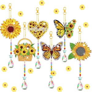 Juego de 6 carillones de viento con diamantes de imitación 5D, diseño de girasol, cristales de viento, adornos de mariposa de doble cara con Juego de 6 carillones de viento con diamantes de imitación 5D, diseño de girasol, cristales de viento, adornos de mariposa de doble cara con