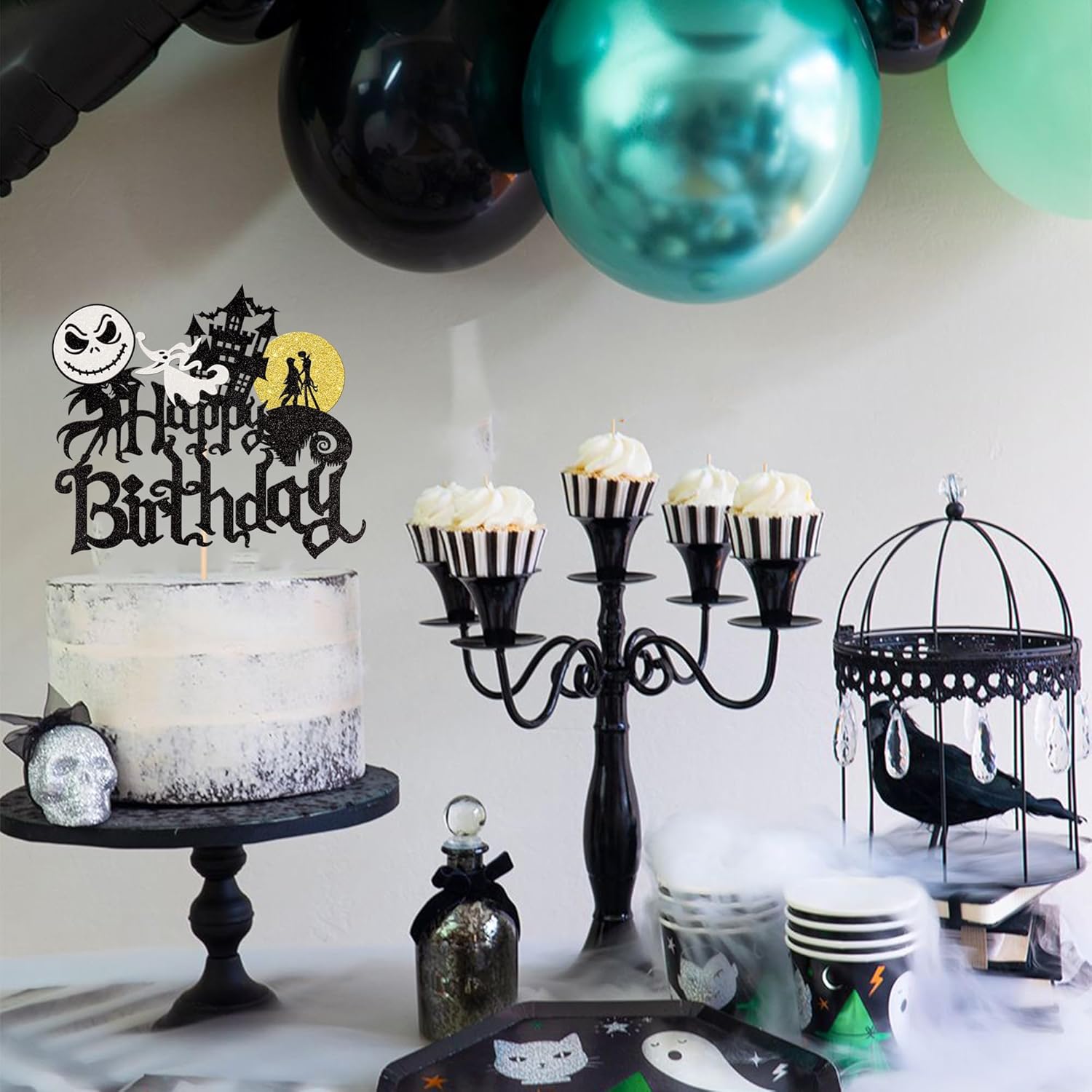 1 pieza de decoración de pastel de Halloween con purpurina de Jack y Sally Castle Ghost Halloween Cake Pick para temática de Pesadilla antes de