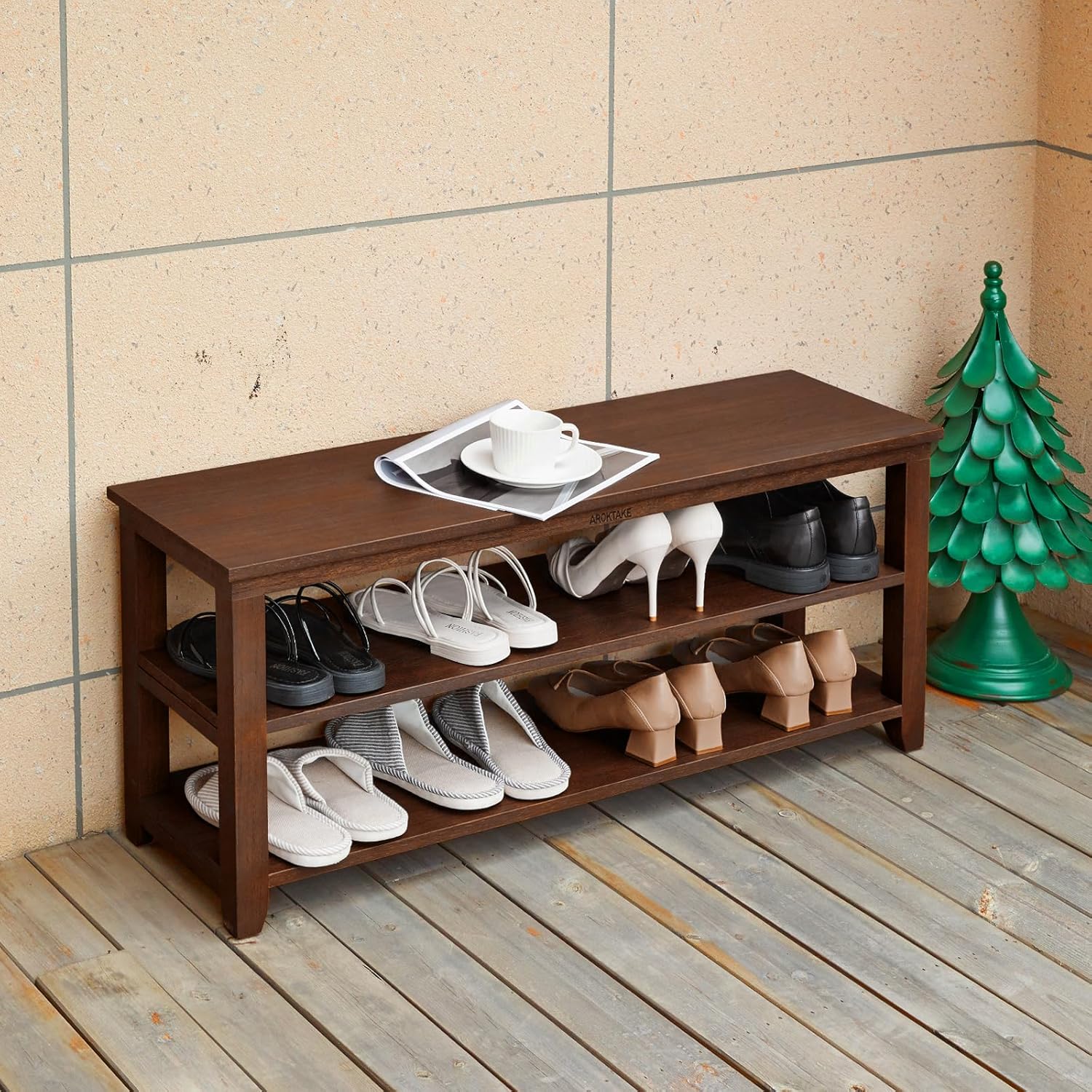 Zapatero de madera resistente de 2 niveles para entrada, sala de estar, dormitorio (marrón, 11.81 x 39.4 x 16.54 pulgadas)