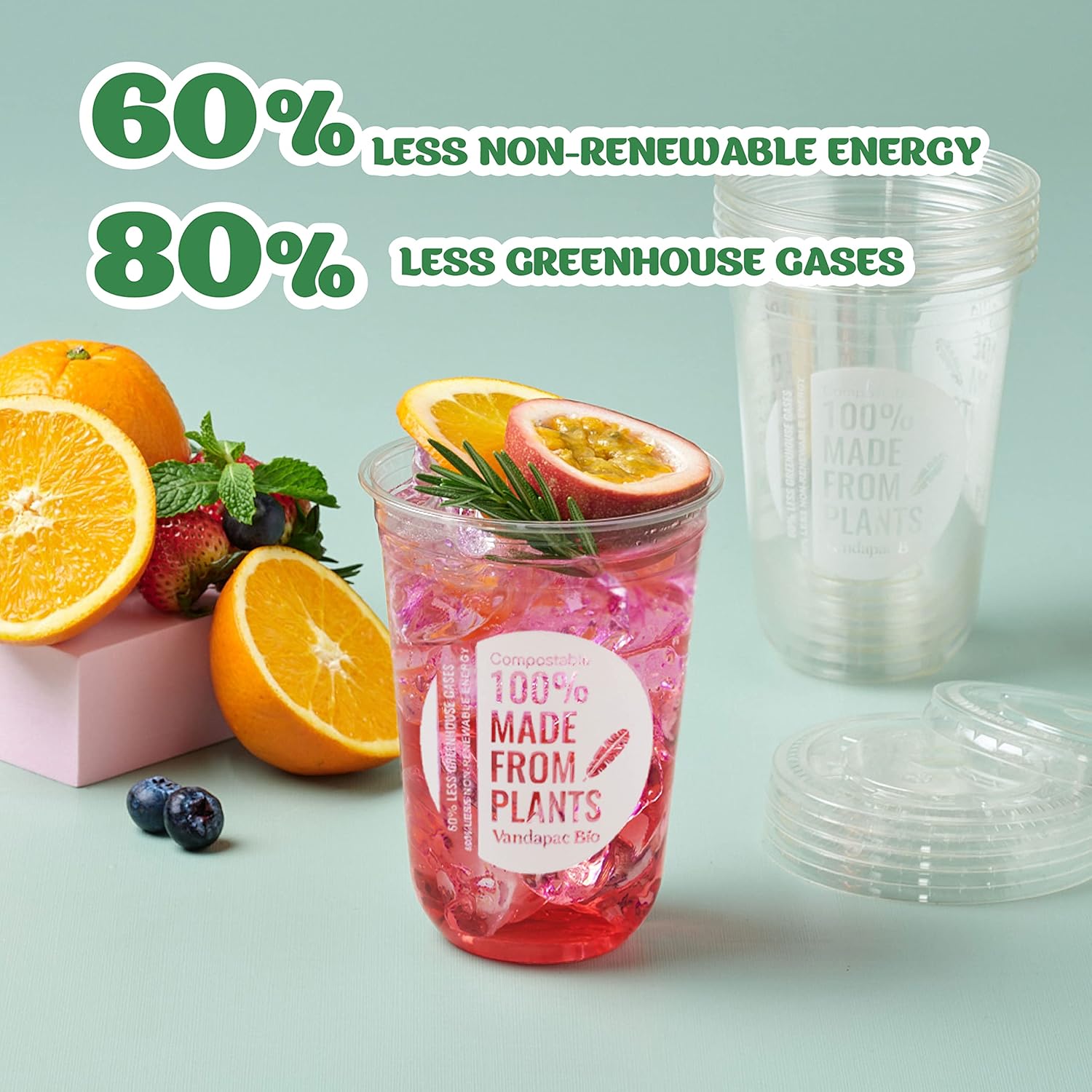 VANDAPAC Vasos compostables Vasos de plástico de 20 oz (16 tazas). Vasos biodegradables que son tazas frías ecológicas. Vasos de plástico