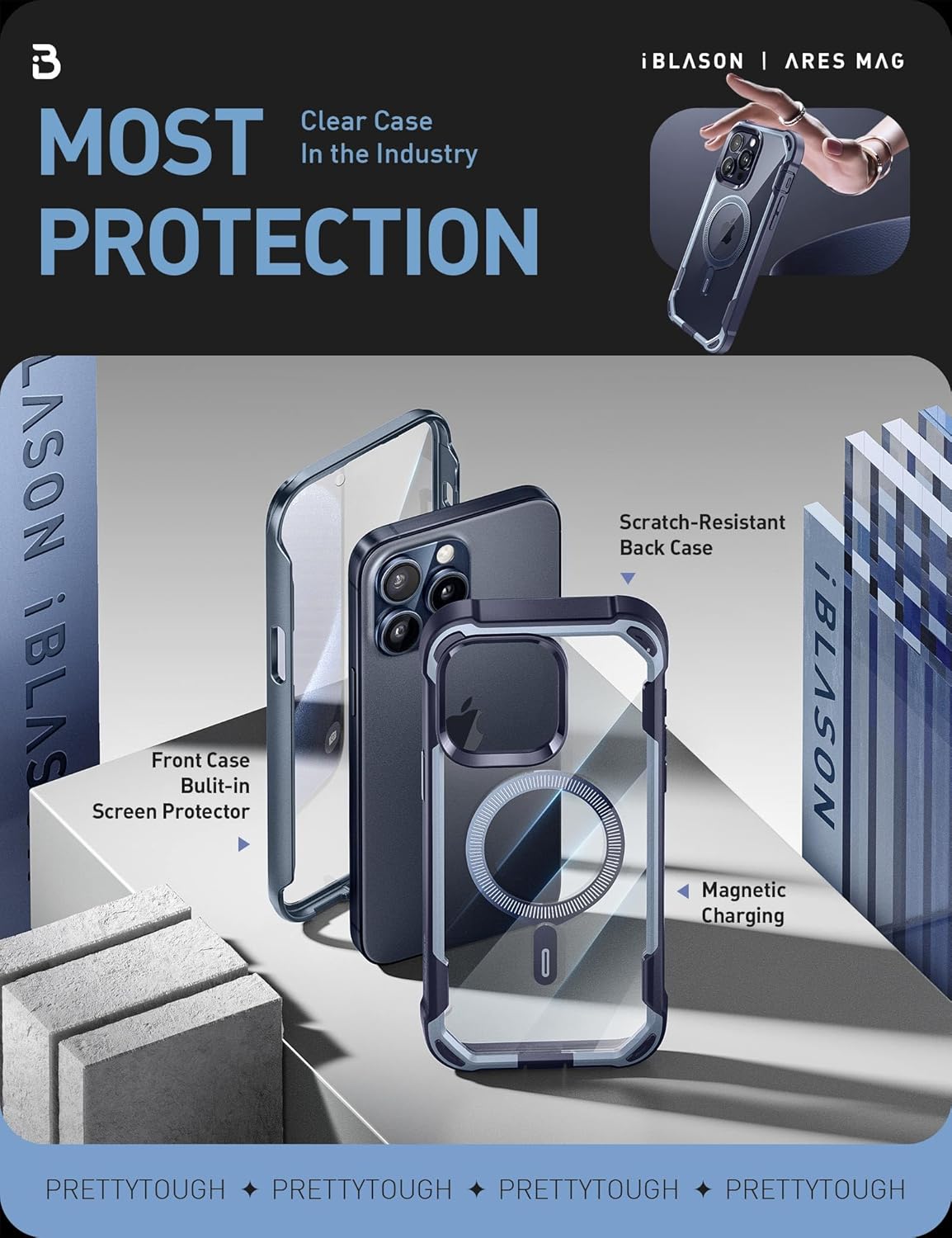 i-Blason Ares Mag – Funda para iPhone 15 Pro, compatible con MagSafe, funda transparente de doble capa con protector de pantalla integrado (azul