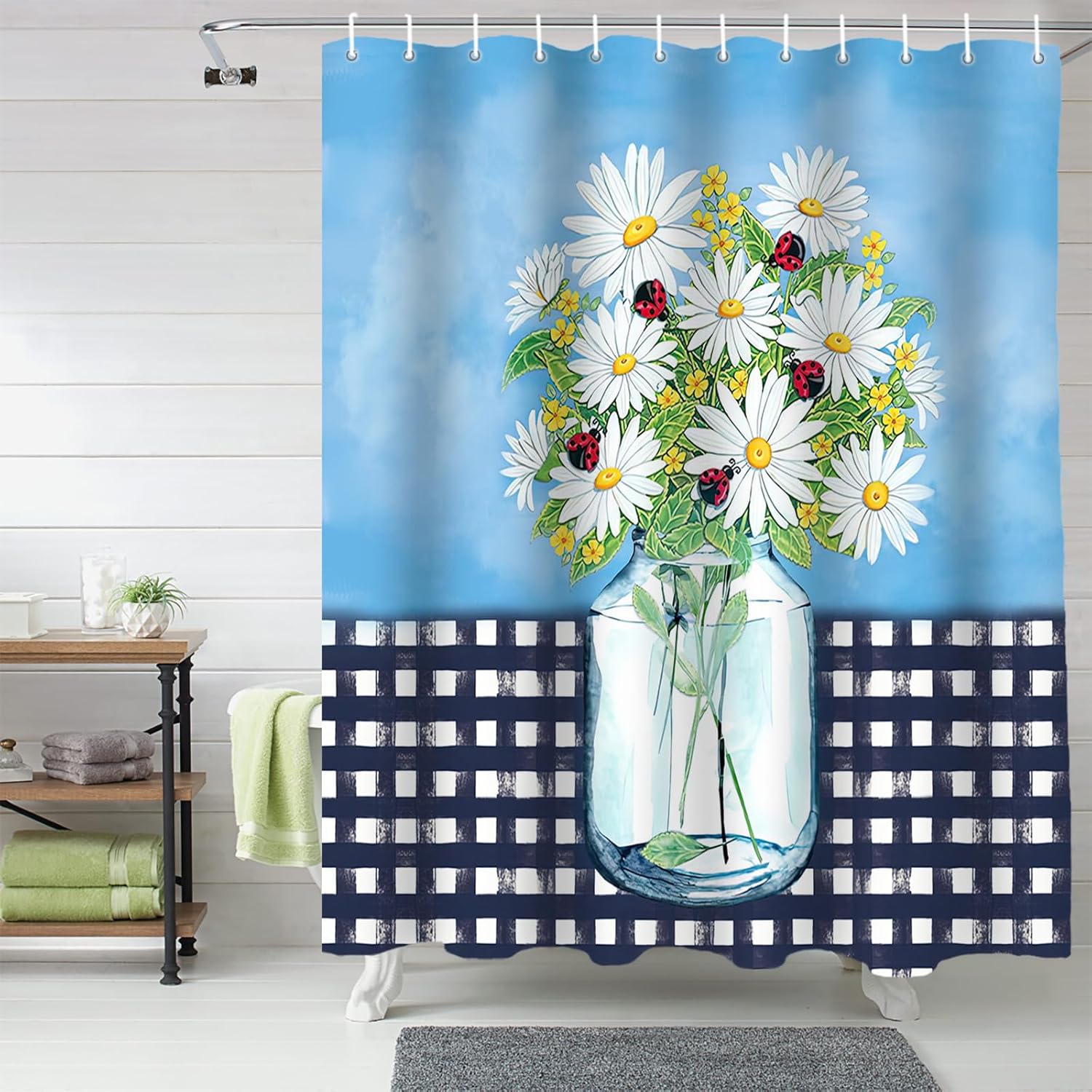Juego de cortinas de ducha impermeables con 12 ganchos, margaritas blancas y negras a cuadros azul cielo 72 x 72 pulgadas, cortina de ducha para