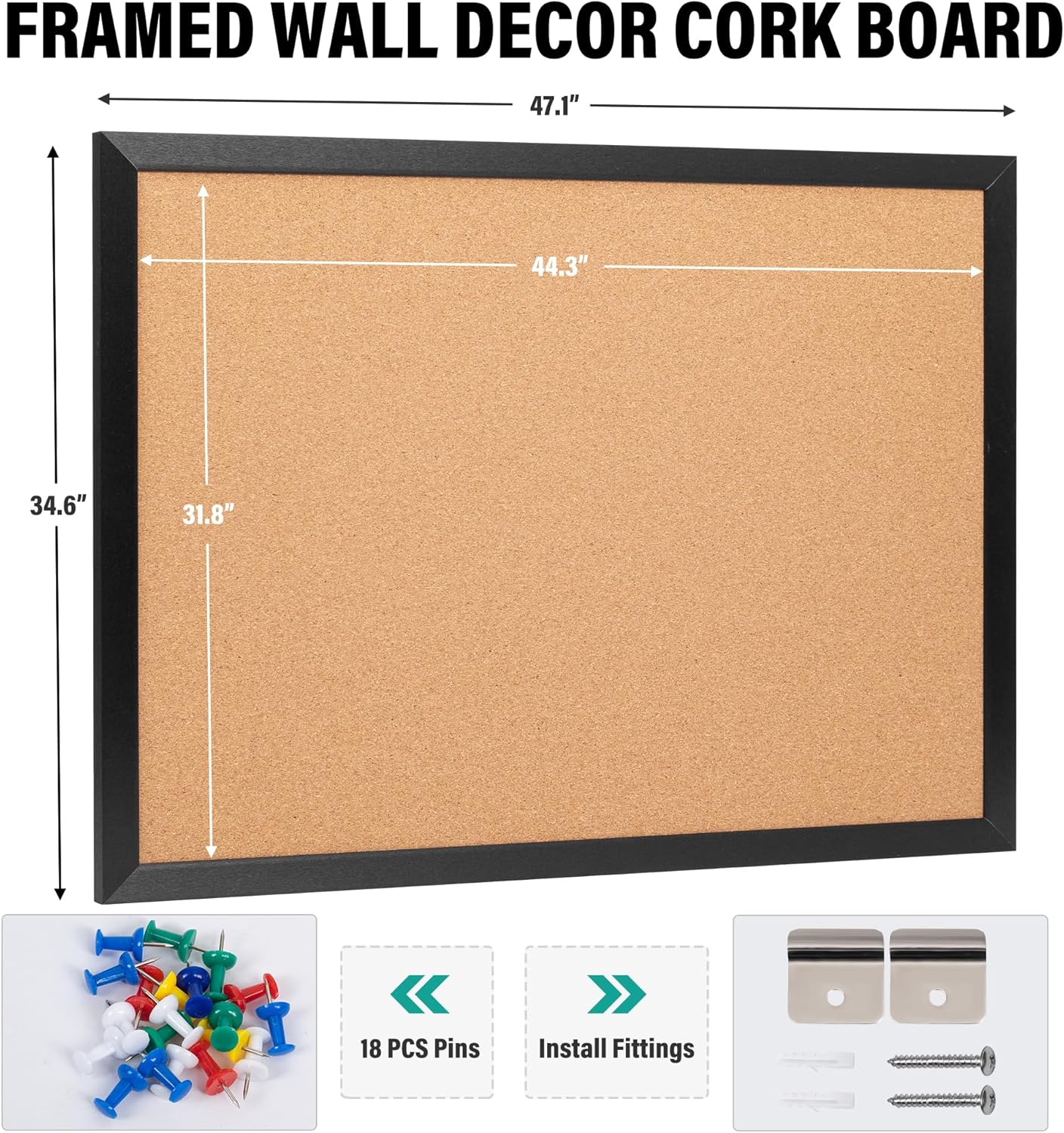 Tablero de anuncios de corcho de 48 x 36 pulgadas, marco de madera negra, corchos de 4 x 3 pulgadas para pared, tablero de anuncios grande montado