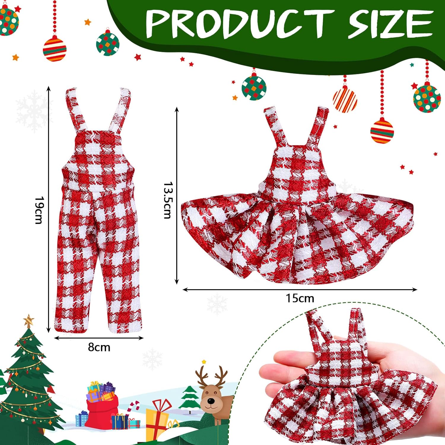 Juego de 4 piezas de accesorios de ropa de muñeca elfo de Navidad para niño y niña, muñeca elfa, falda a cuadros, vestido de elfo de Santa y