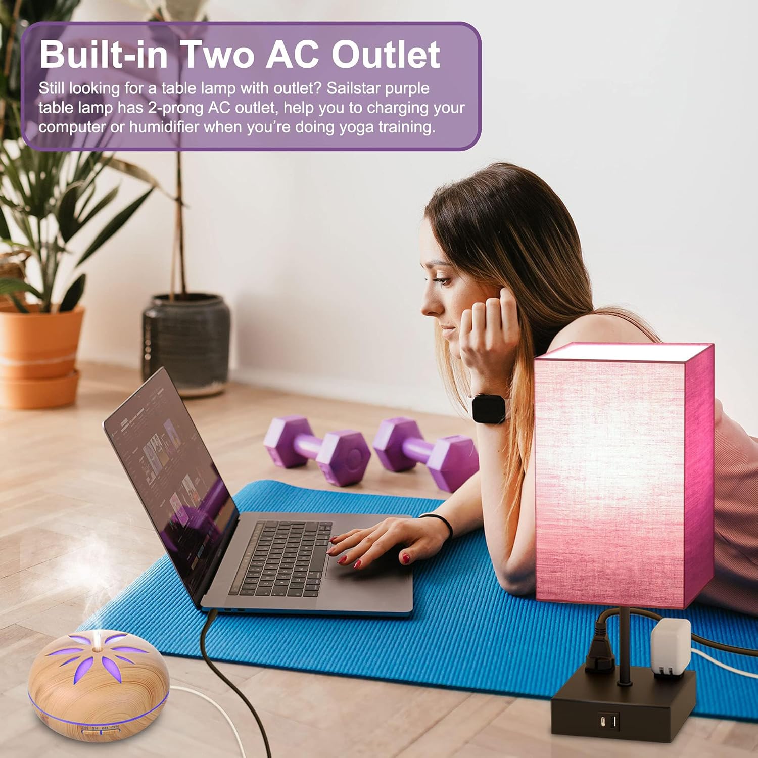 Sailstar Lámparas de noche mejoradas con puertos de carga USB C+A y 2 salidas de CA, lámpara de mesa púrpura para dormitorio, lámpara táctil