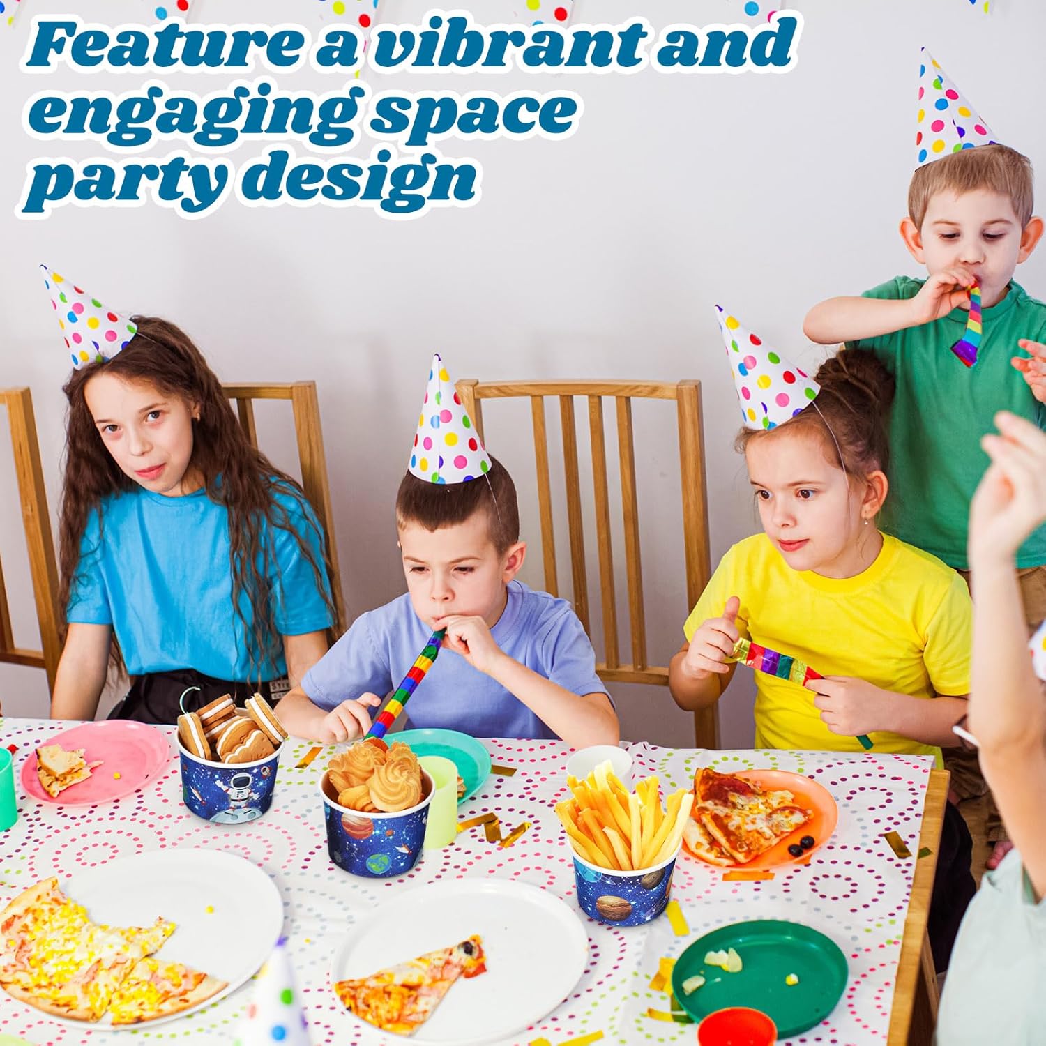 Nuanchu 100 piezas de suministros para fiestas espaciales, tazas de helado de galaxia, bloques de construcción, para aperitivos, suministros para