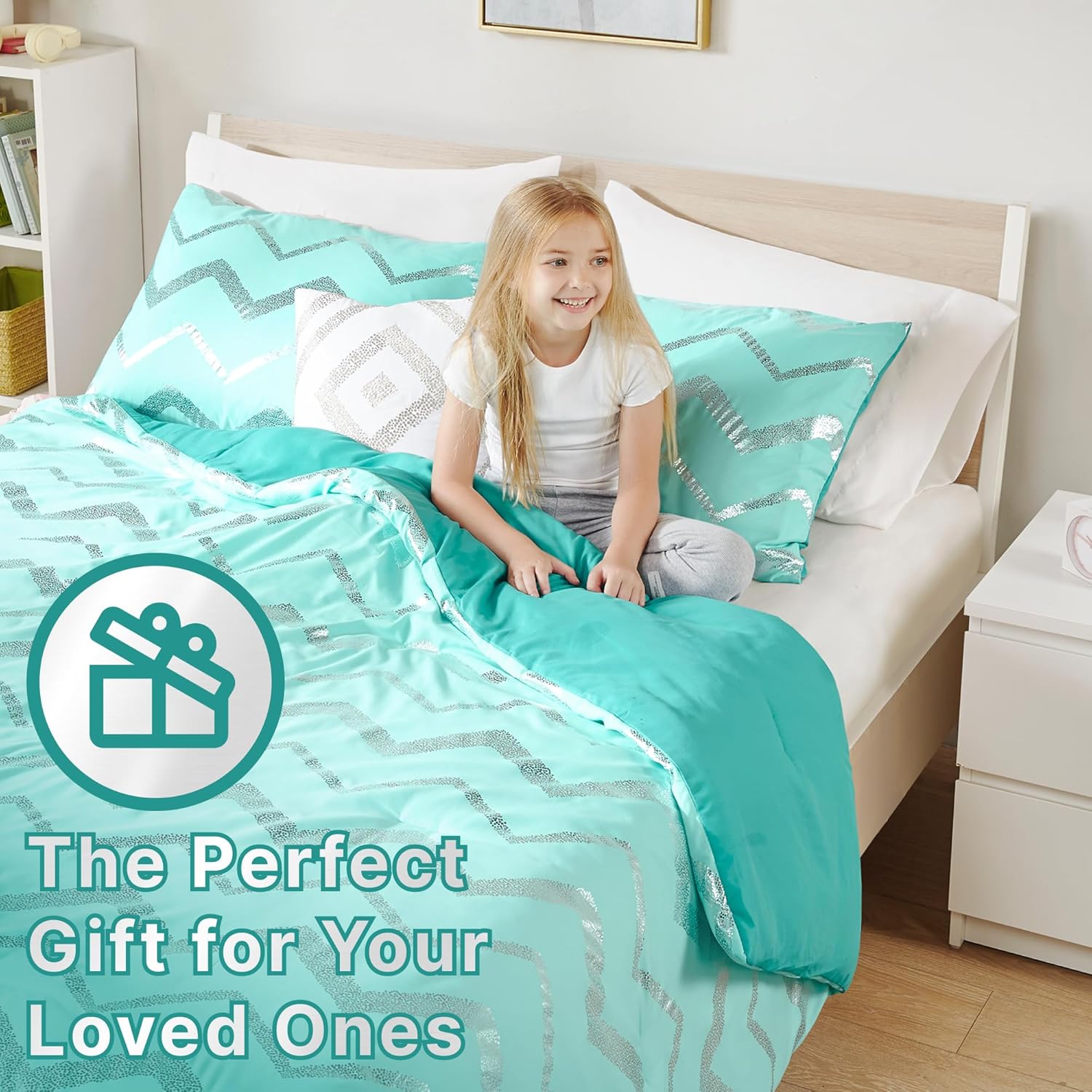 Codi Juego de ropa de cama turquesa para adolescentes, tamaño individual, juego de edredón azul para adolescentes, 3 piezas, cálido para todas las