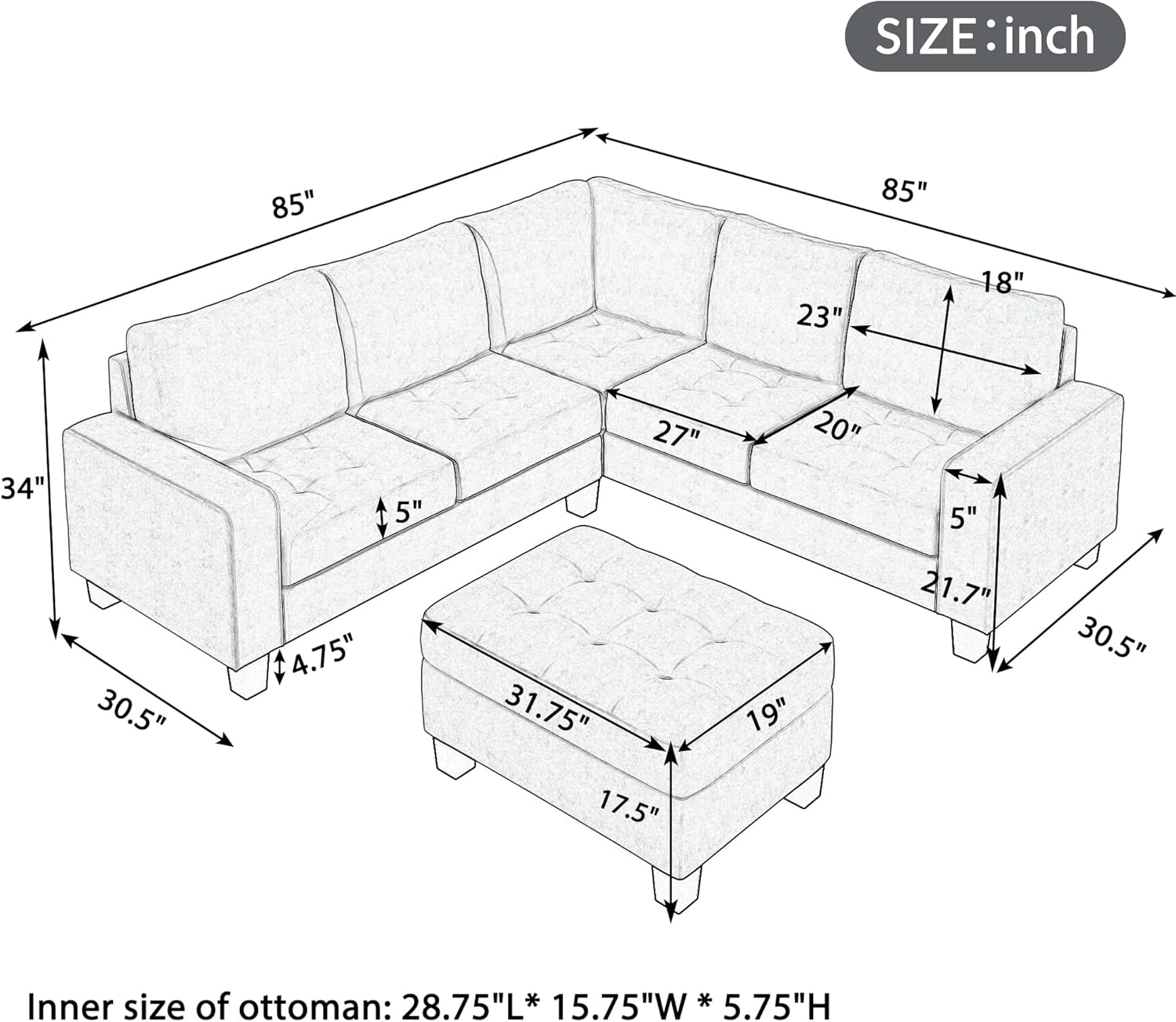 Esquina seccional, ahorro en forma de L con almacenamiento, sofá convertible con otomana y portavasos diseño para apartamento de dormitorio de