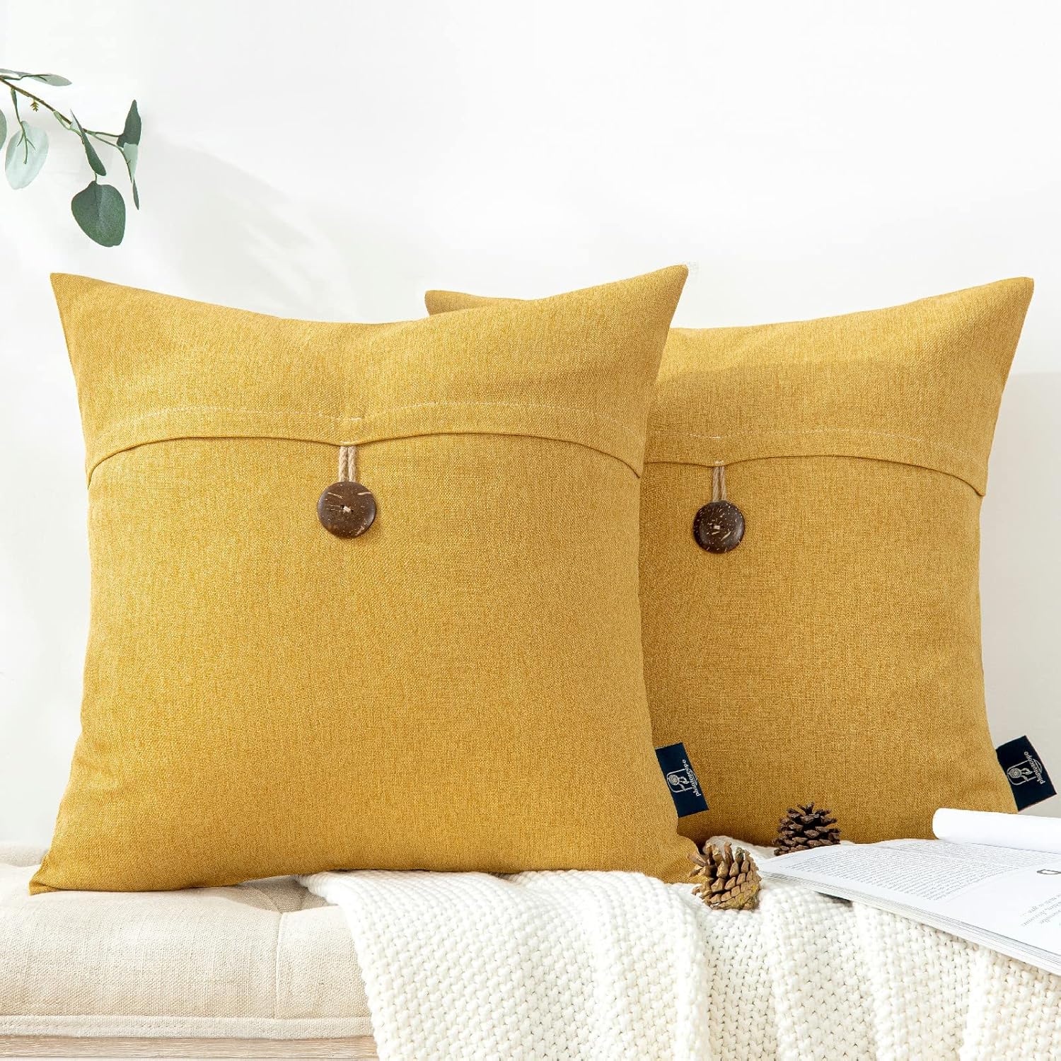 Phantoscope Paquete de 2 fundas de almohada decorativas de lino sólido con botones de coco de primera calidad para sofá, cama y silla, color