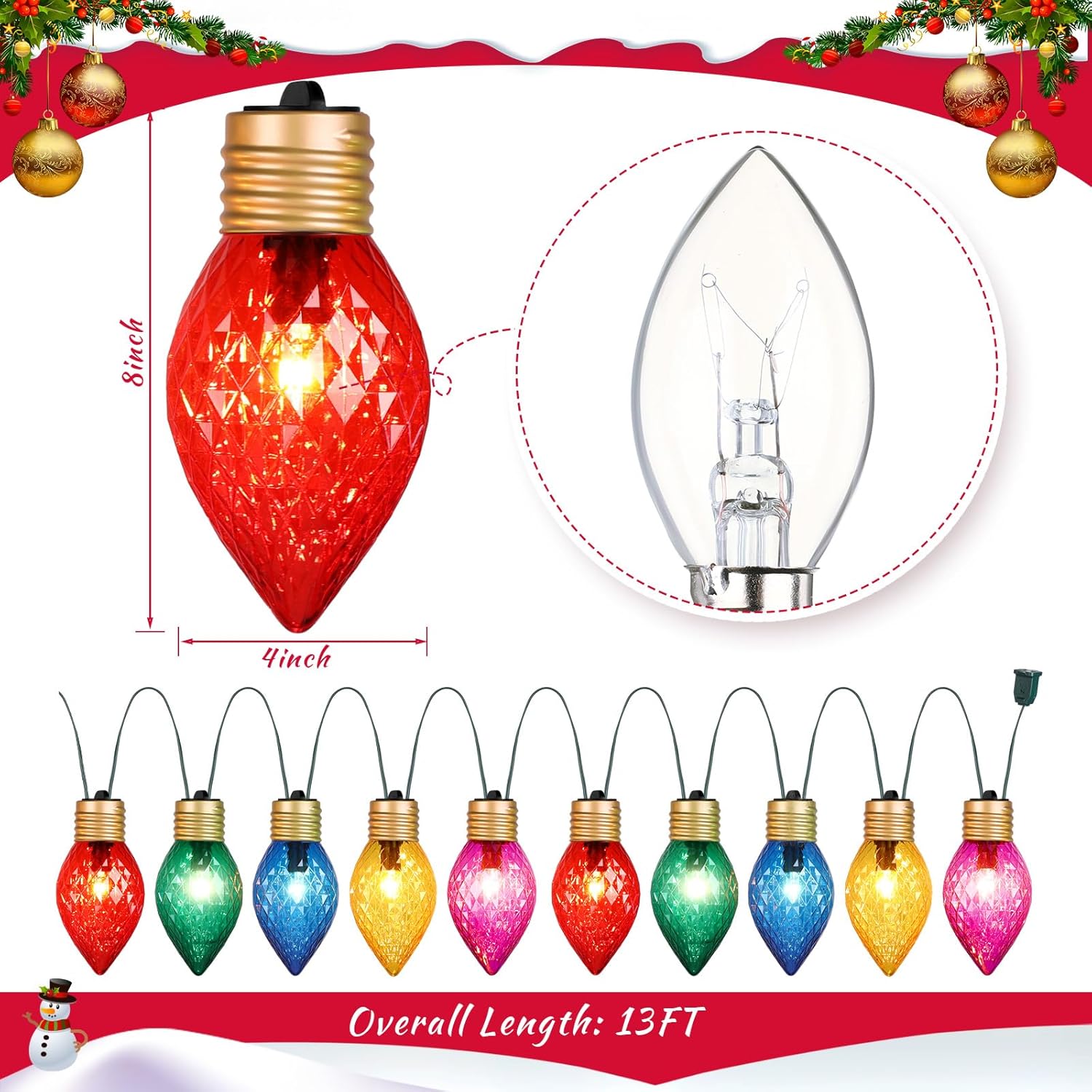 Treela 2 rollos de 20 luces LED de 13.5 pies gigantes de Navidad para exteriores, cadena de luces de Navidad gigantes para colgar de 8 pulgadas