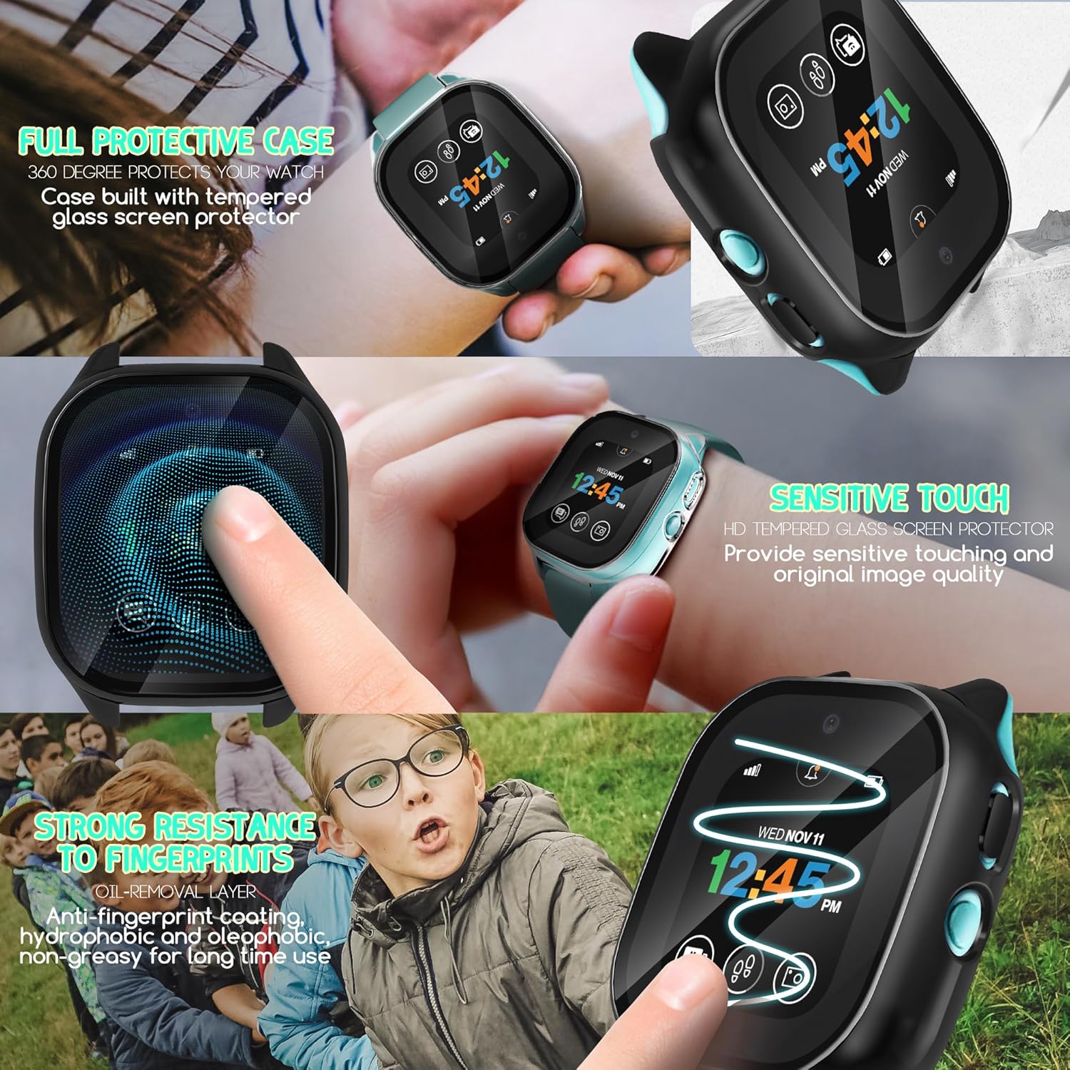 Seltureone – Juego de 2 fundas rígidas de policarbonato con protector de pantalla de vidrio templado compatible con Verizon Gizmo Watch 3, funda