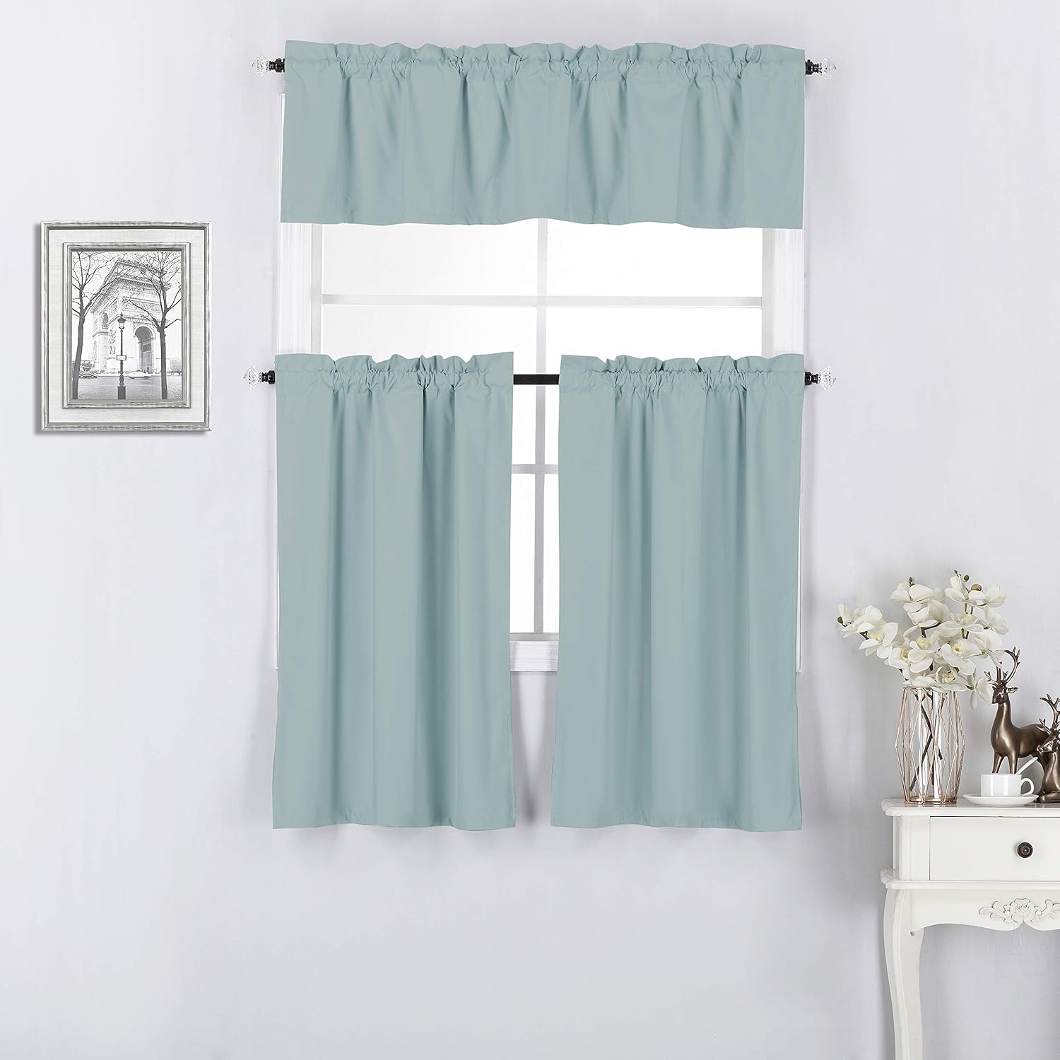 Diamond Home Linens Juego de 3 cortinas y cenefa con forro térmico 100% opaco para ventana de cocina (niveles de 36 pulgadas y cenefa de 14