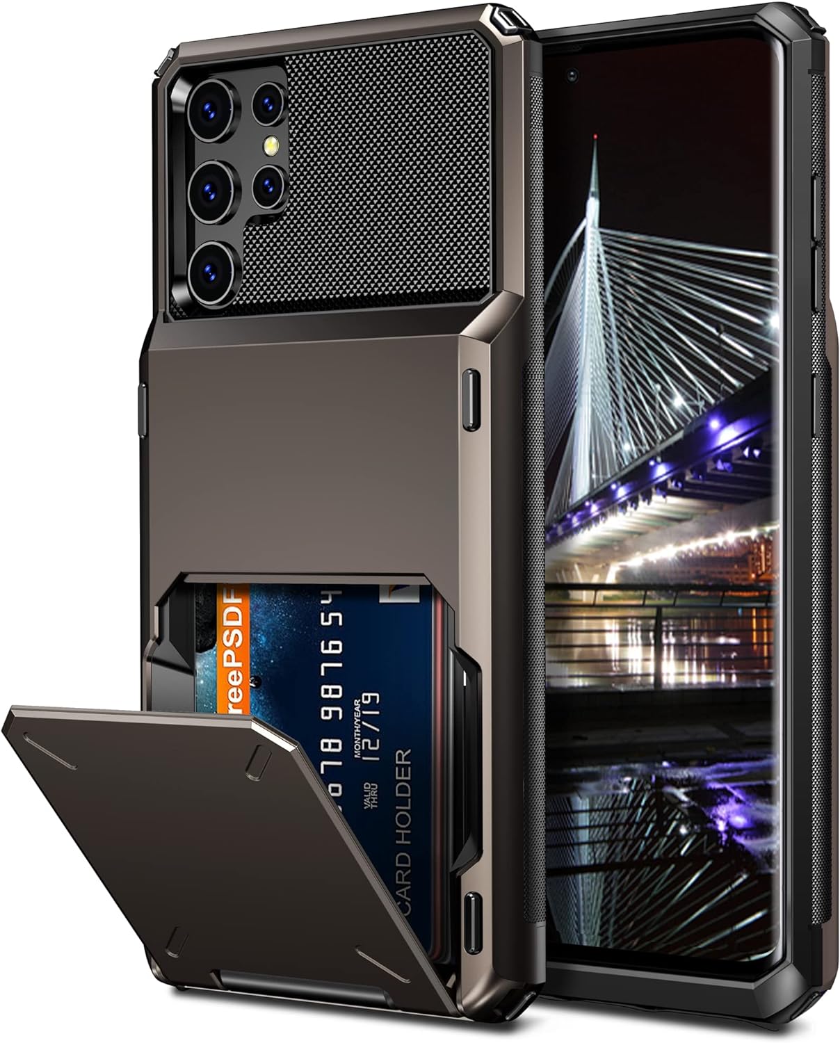 Vofolen Funda para Galaxy S22 Ultra, tarjetero para tarjetas de crédito, ranura para 4 tarjetas, bolsillo trasero oculto, doble capa, híbrido,