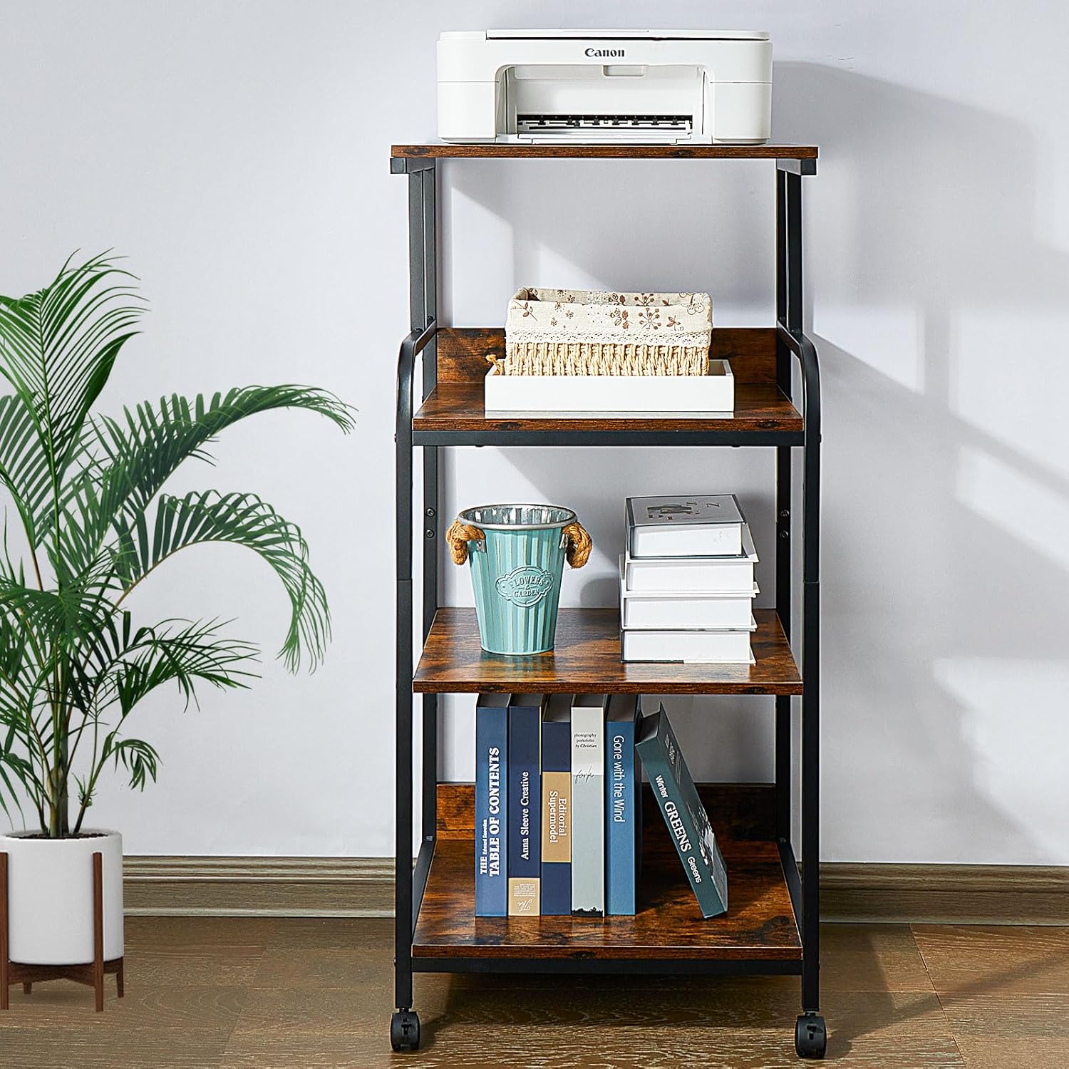 jarrvz Soporte de impresora de 4 niveles con ruedas, escritorio de impresora, estante de almacenamiento multiusos para oficina y hogar, soporte de