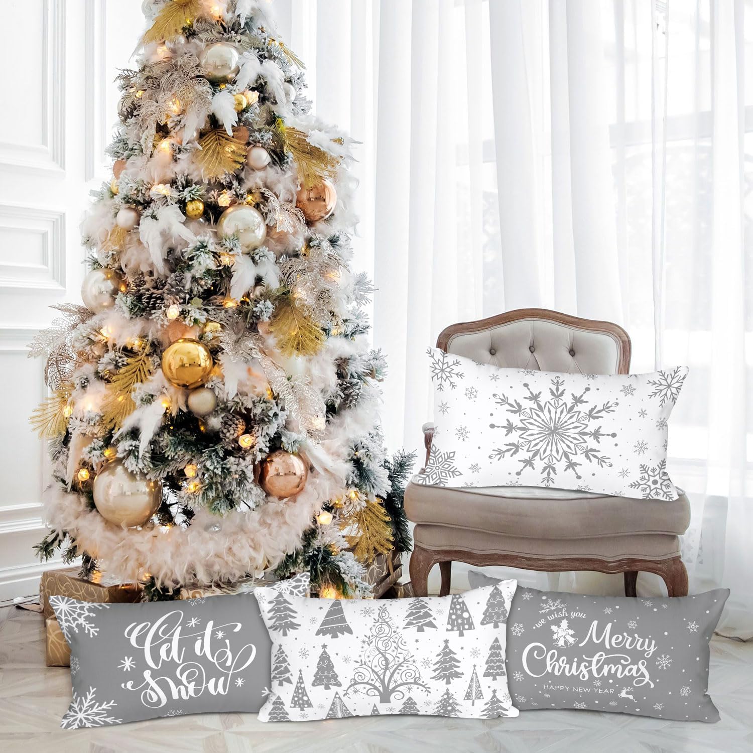 Lanpn Juego de 4 fundas de almohada lumbares de Navidad blancas y grises de 12 x 24 pulgadas, fundas decorativas largas de Navidad con copos de