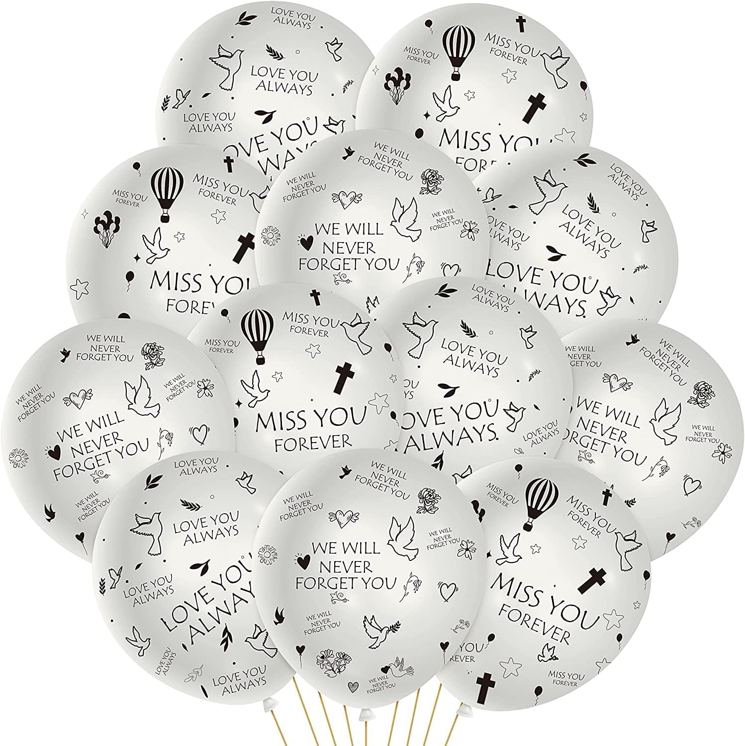 PANTIDE Juego de 37 globos conmemorativos de color blanco, recuerdo funerario, celebración de la vida, globos de látex biodegradables con cinta Miss