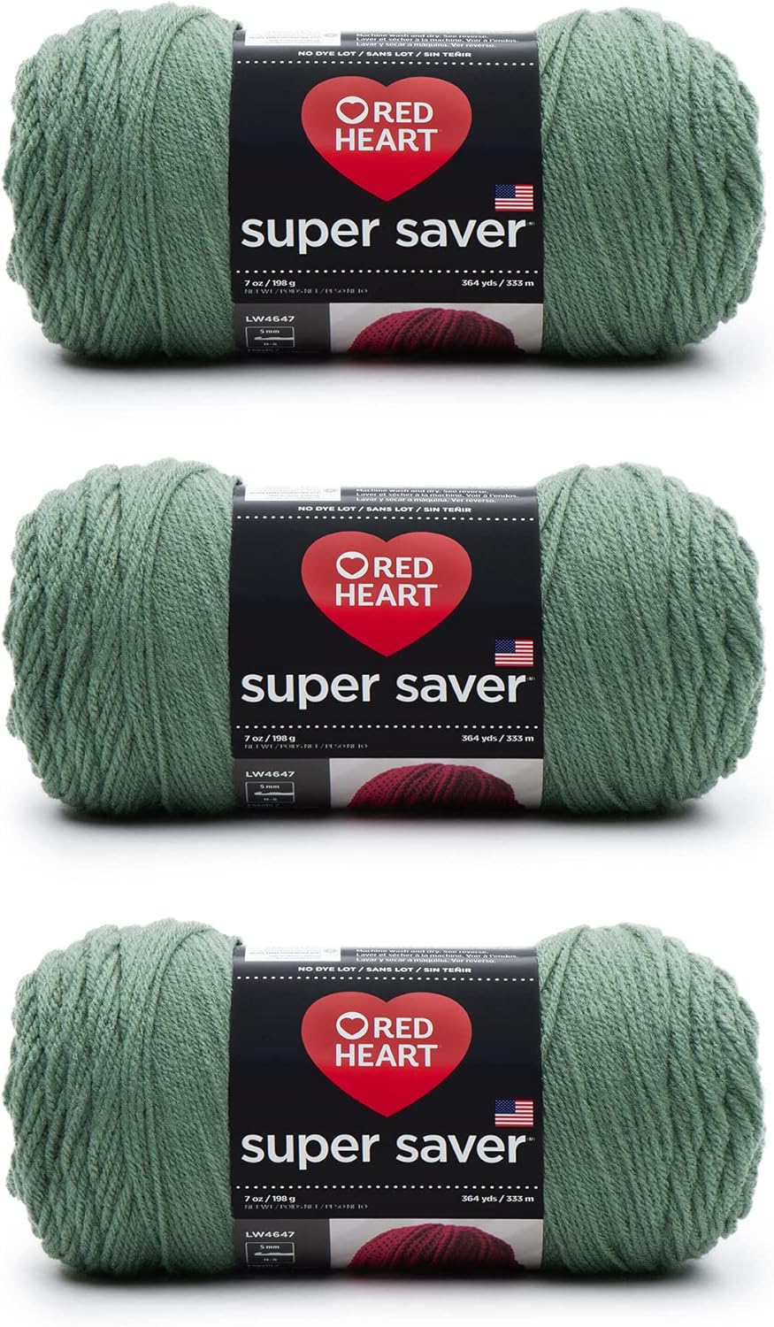 Red Heart Super Saver – Hilo de salvia ligera, paquete de 3 unidades de 6.98 oz7 onzas, acrílico, 4 medianos (peinado), 364 yardas, tejidoganchillo