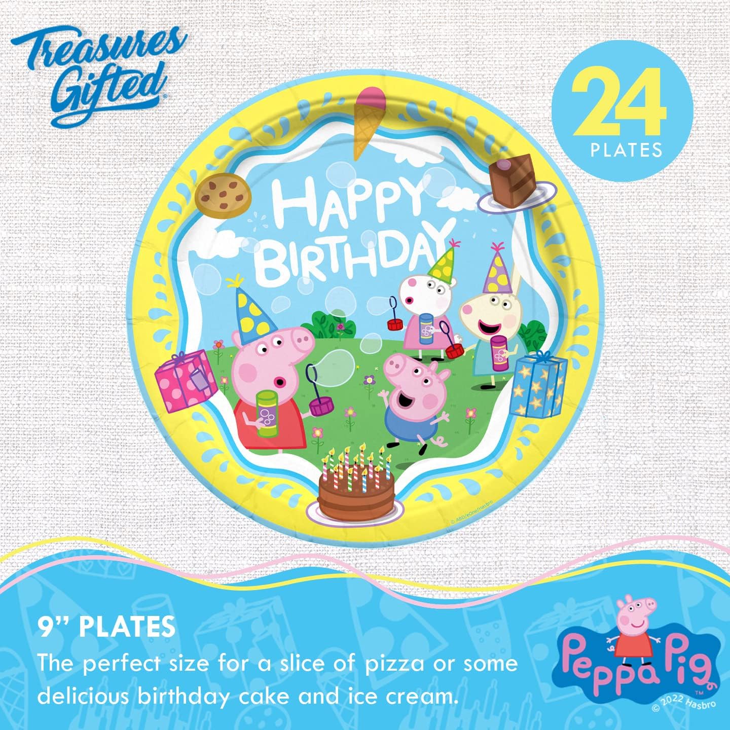 Treasures Gifted Suministros para fiesta de cumpleaños con licencia oficial de Peppa Pig, sirve para 24 invitados, juego clásico de vajilla –