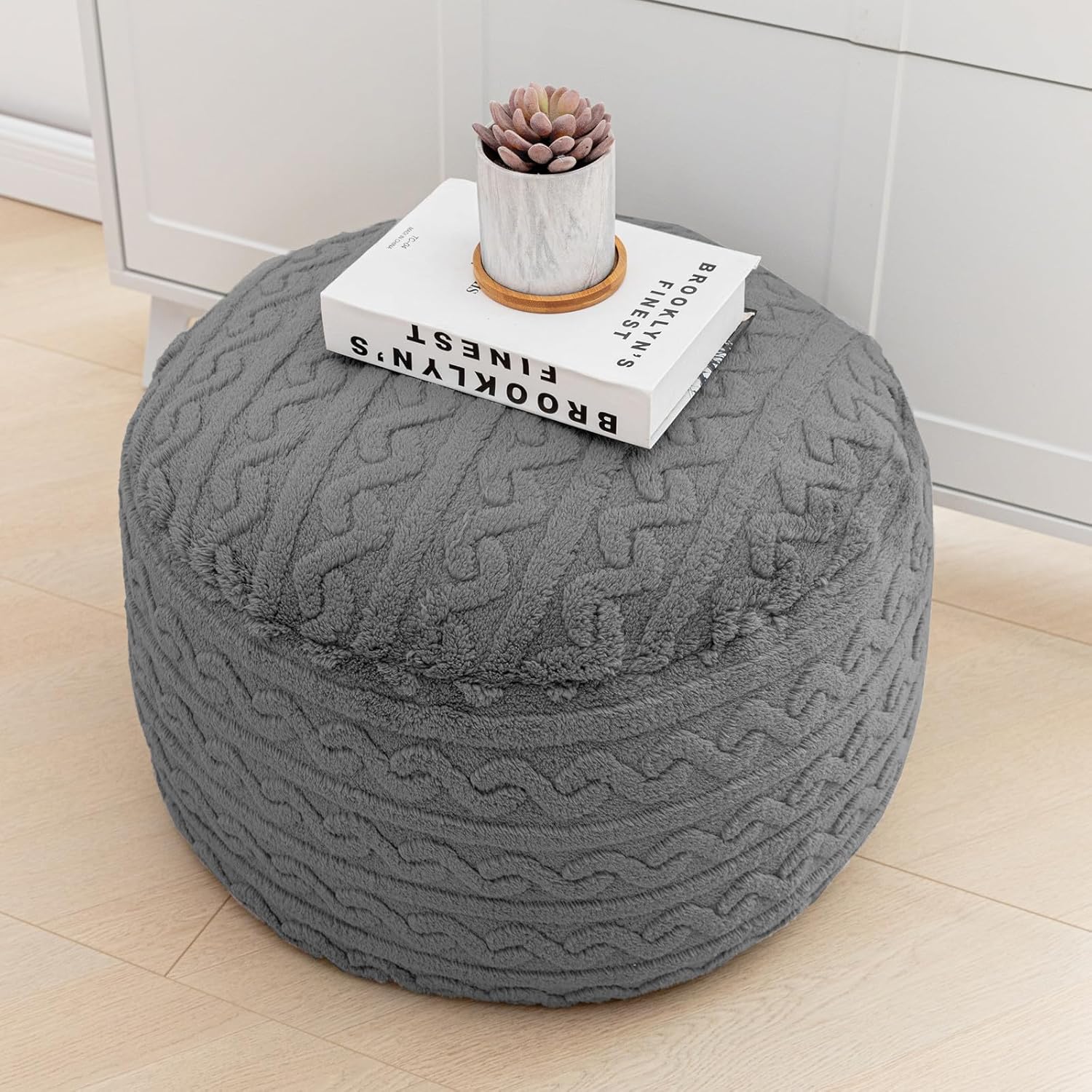 Puf otomano redondo de relleno de 20 x 20 x 12 pulgadas, otomano de fibra de felpa, reposapiés debajo del escritorio, ideal para sala de estar,