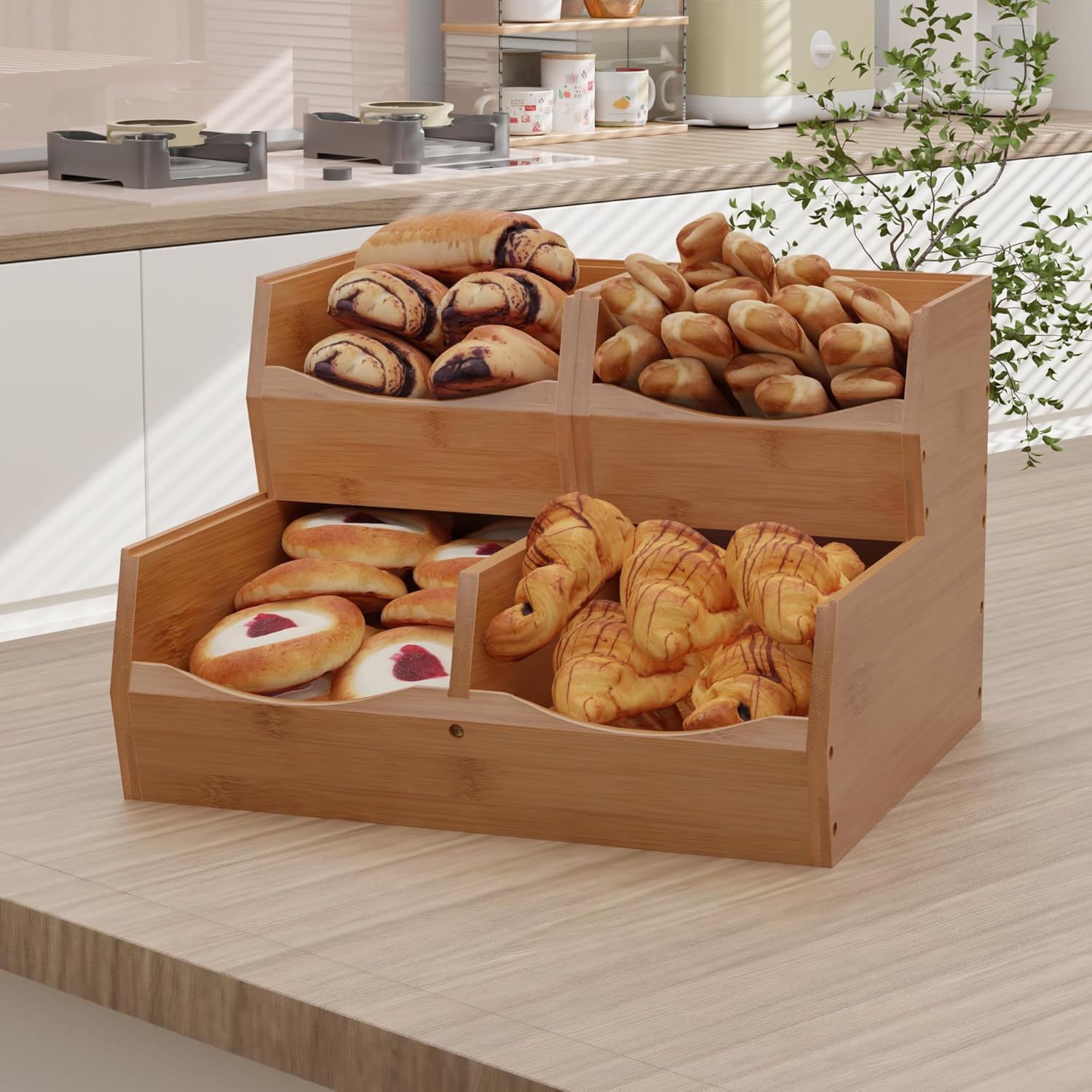 Contenedores apilables con frente abierto, almacenamiento apilable, juego de 3 piezas apilables de bambú para encimera de cocina para verduras,