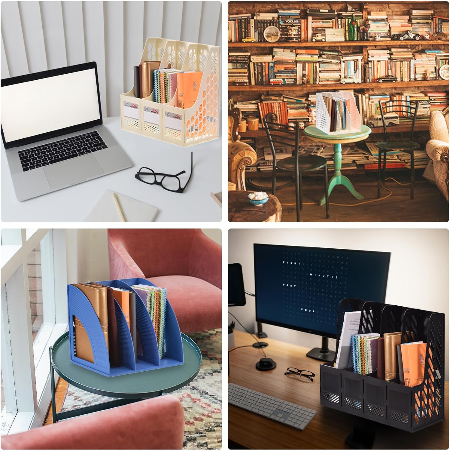 PATIKIL Soporte plegable para archivadores, 4 compartimentos verticales, organizador de escritorio resistente para oficina, libros, organización de