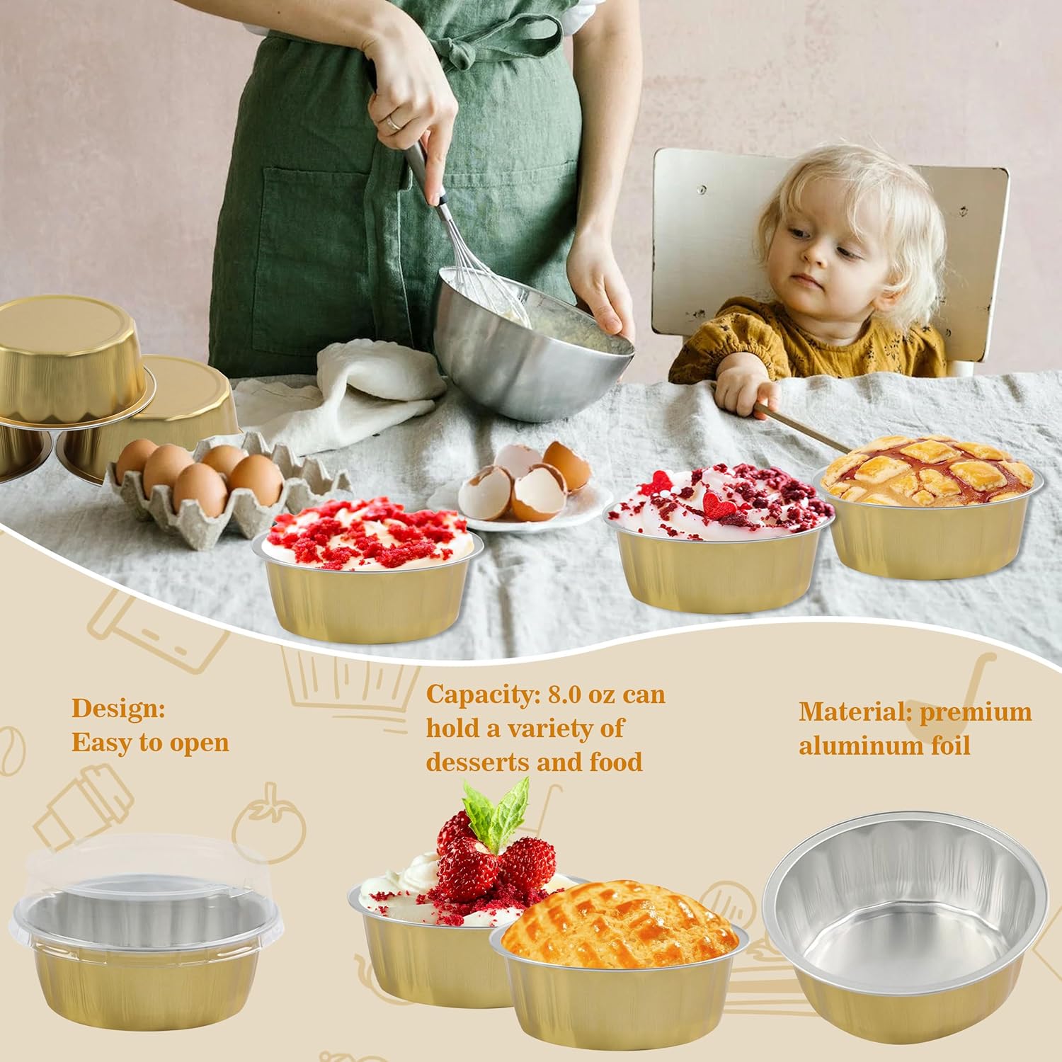Moldes desechables de papel de aluminio Creme Brulee, 30 forros para cupcakes de 8 onzas con tapas, tazas para pasteles, mini moldes para pasteles