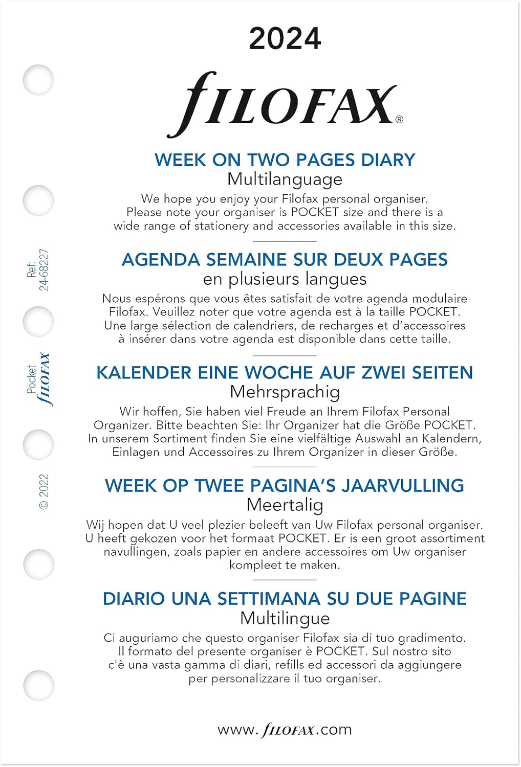 Filofax Recambio de diario de calendario, tamaño de bolsillo, semana a vista, libro blanco, sin rayas, multilingüe cinco idiomas, 2024 (C68227-24)