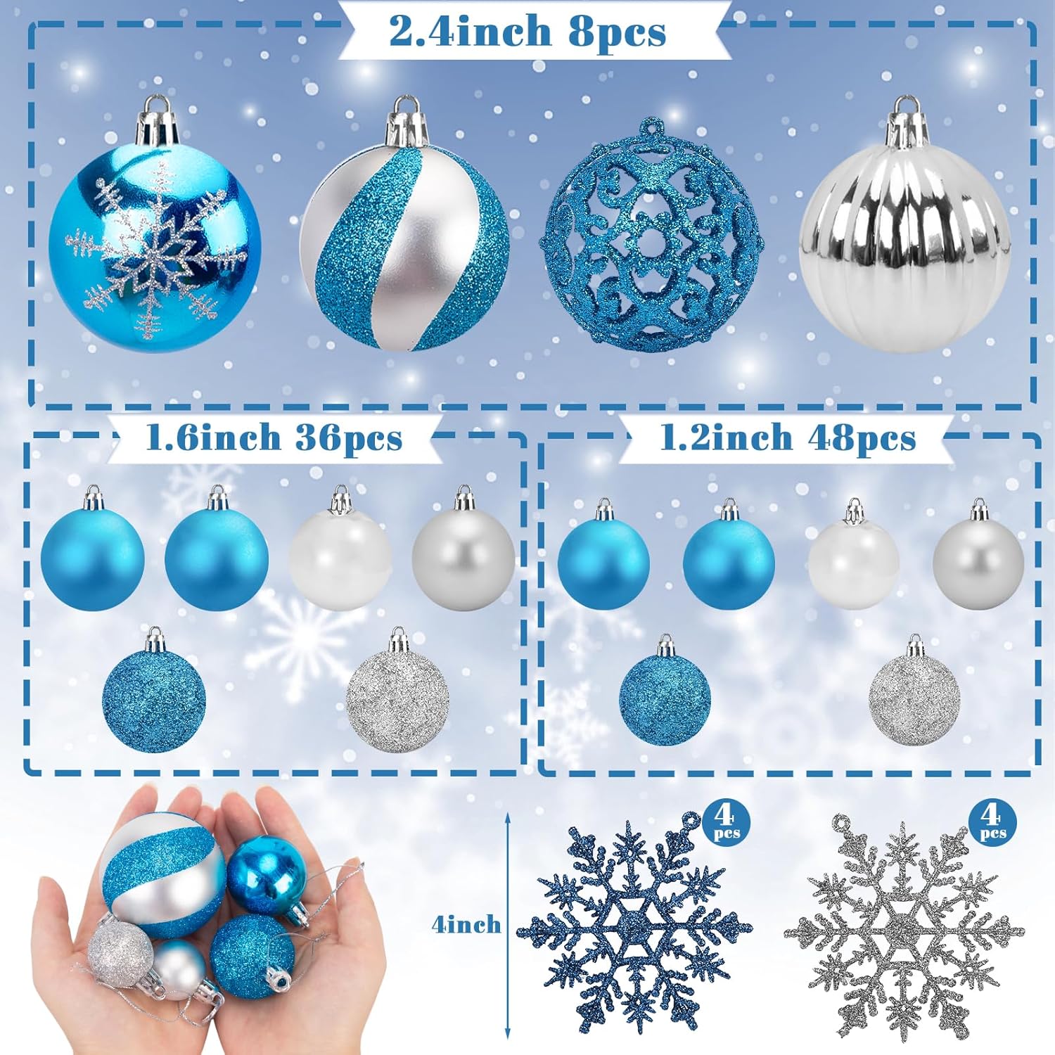 DomeStar 100 adornos de bolas de Navidad, adornos para árbol de Navidad, bolas inastillables con purpurina, copos de nieve para árbol de Navidad,
