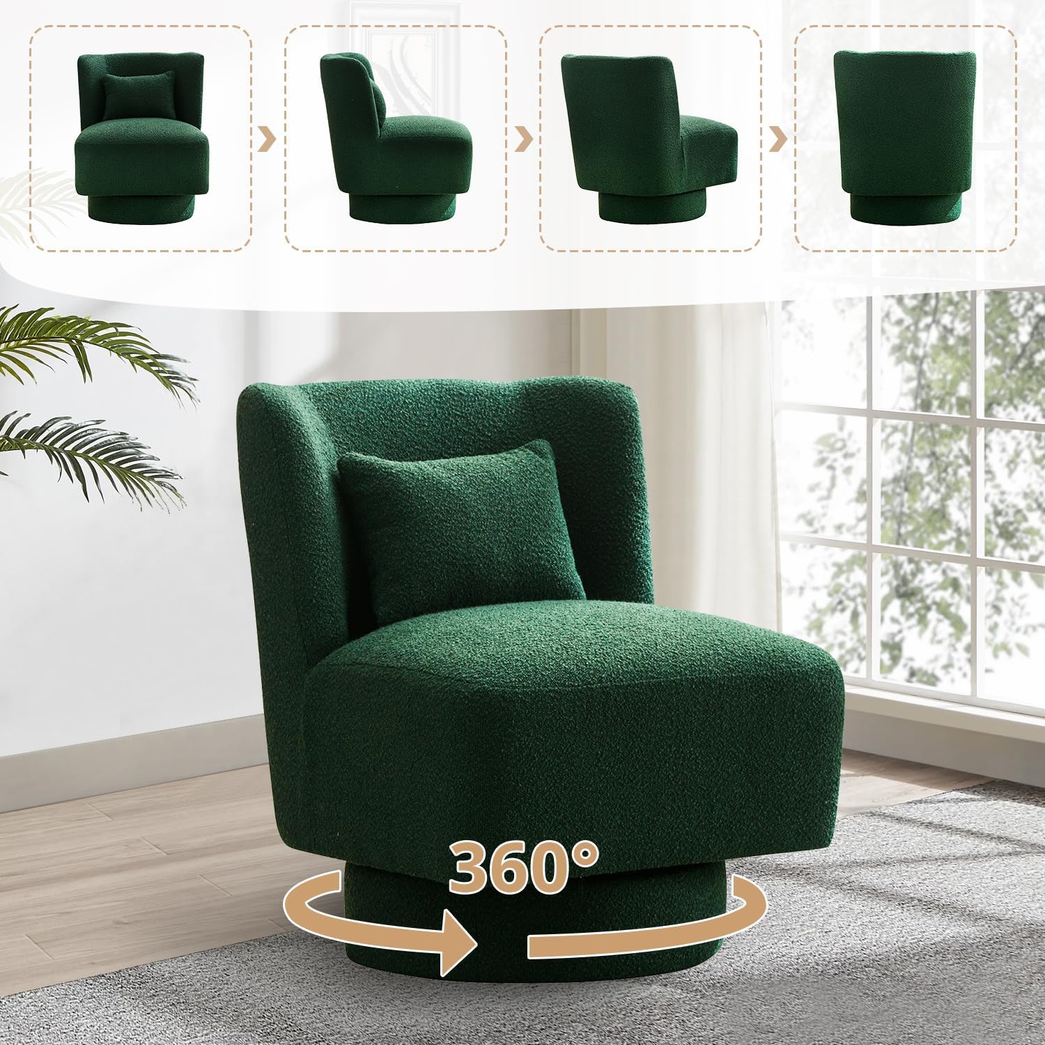 LLS Sofá giratorio con almohada lumbar, base de metal de 360, tapizado moderno, barril, sherpa, sofá individual cómodo sin brazos para sala de