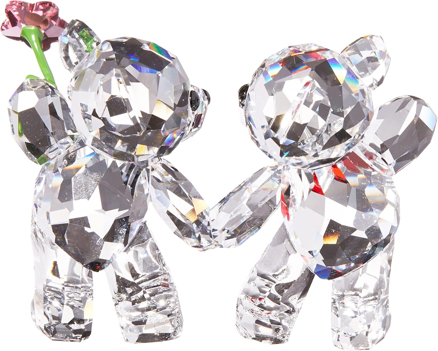SWAROVSKI Kris Bears Happy Together – Juego de figuras de cristal Swarovski transparente con un corazón rojo y acento de flor rosa, parte de la