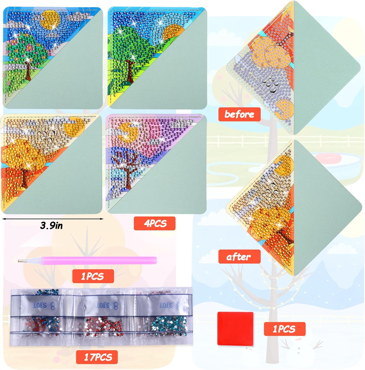 BSRESIN Marcapáginas de pintura de diamante, estilo paisaje, 4 bonitos marcadores de arte de diamantes para amantes de los libros, kits de pintura