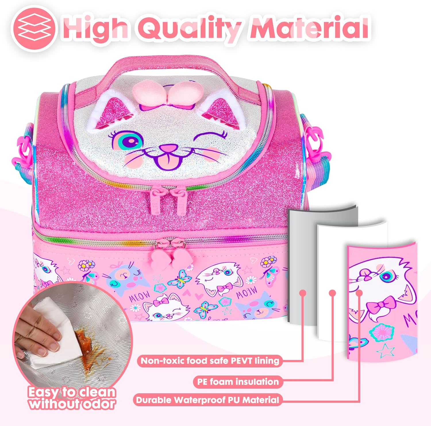 Bolsa de almuerzo aislada de dos pisos para niños, niñas, hombres, mujeres, con correa ajustable, gato