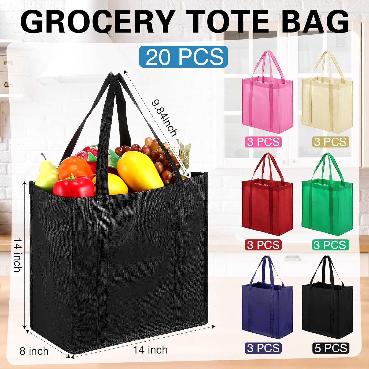 20 bolsas de comestibles reutilizables con asas reforzadas, bolsas de compras grandes y resistentes, bolsas de Navidad