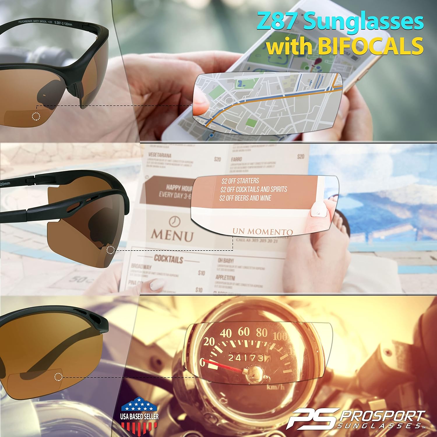 proSPORT Lentes de sol bifocales Lector de seguridad Z87 Wrap Around No Slip Grip +1.50 +2.00 +2.50 +3.00