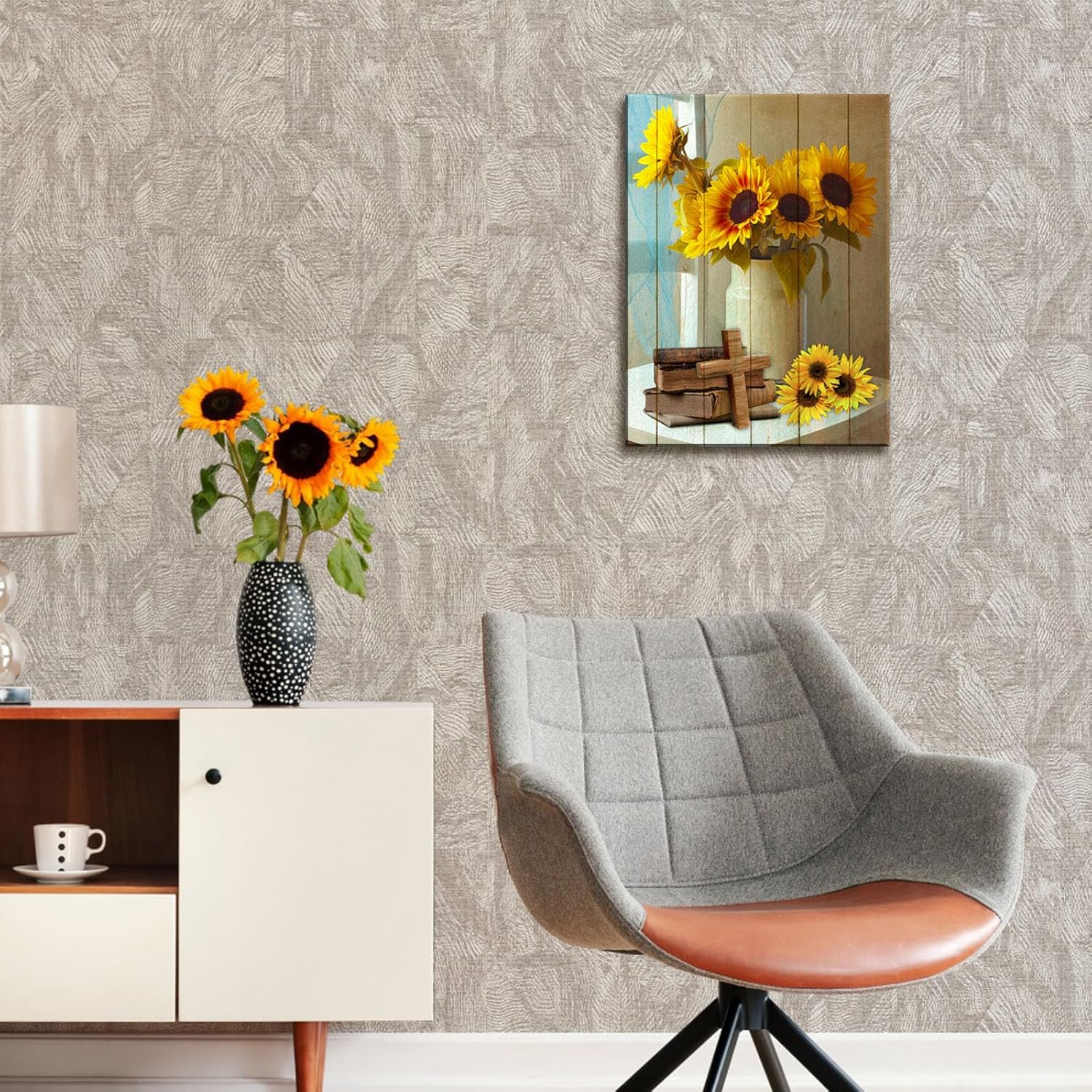 Typruye Lienzo decorativo para pared, diseño de girasoles, símbolo de cruz de madera, inspirador, decoración del hogar para sala de estar,