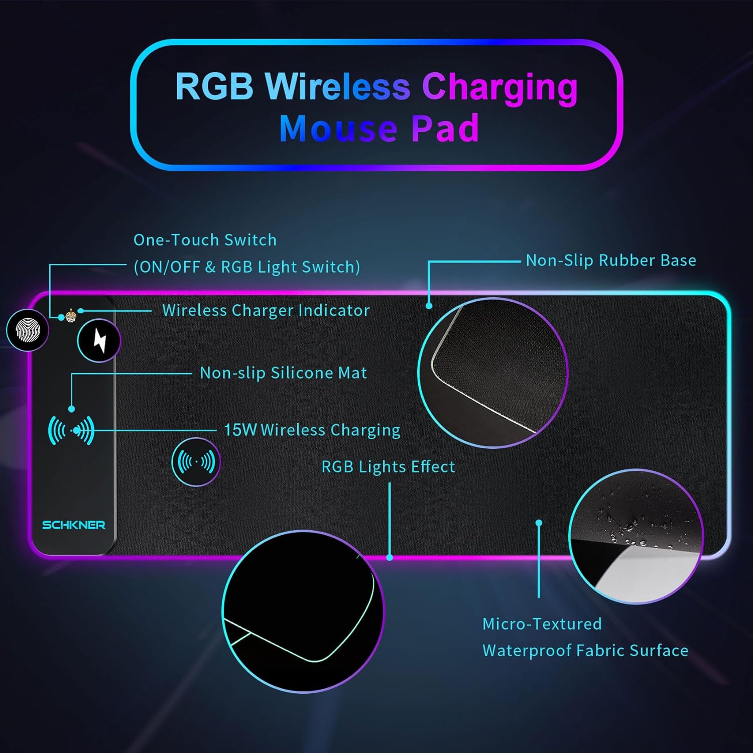 Schkner Alfombrilla de mouse RGB para juegos con carga inalámbrica, alfombrilla de mouse grande con luz LED, almohadilla de teclado con base de goma