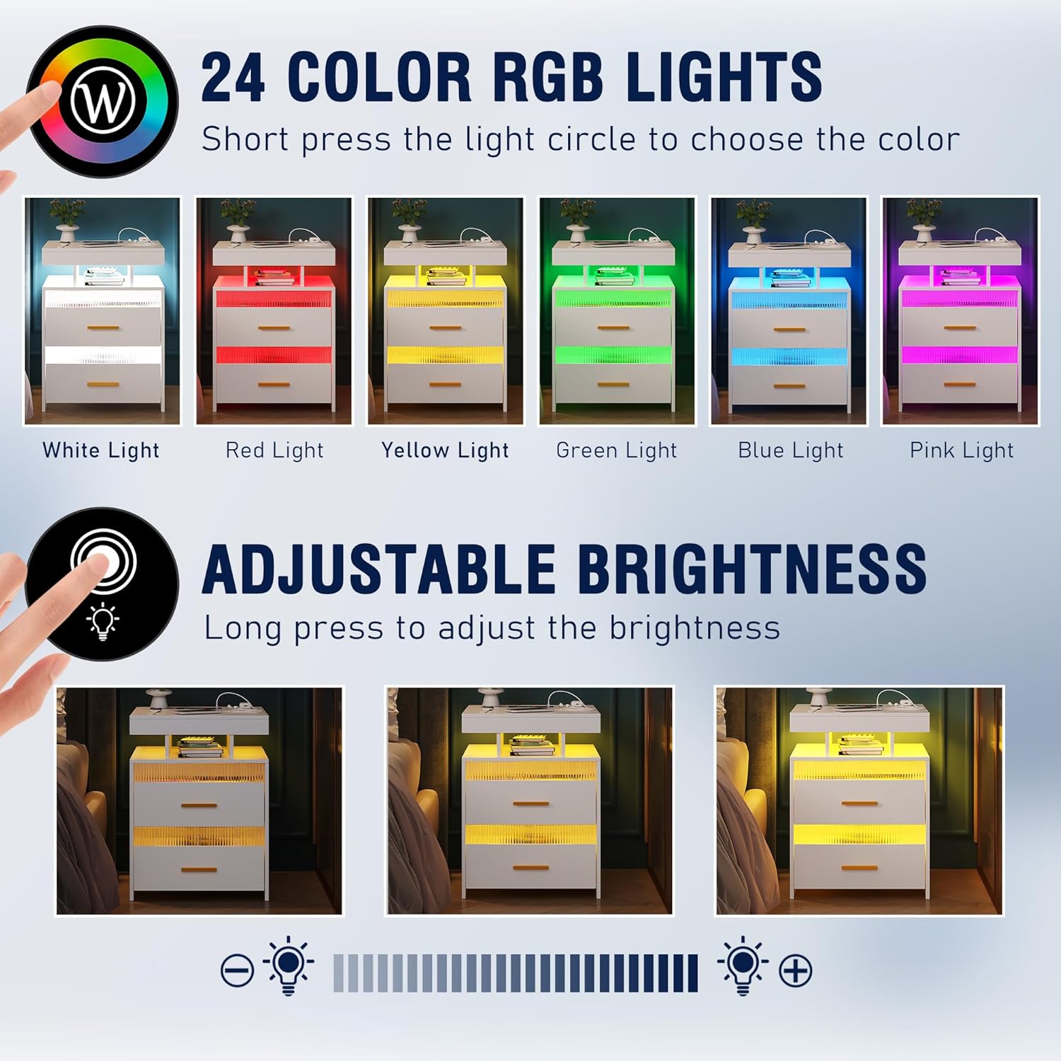 OUTDOOR DOIT Mesita de noche con estación de carga inalámbrica y luces LED, mesitas de noche modernas, mesita de noche con 2 cajones transparentes y