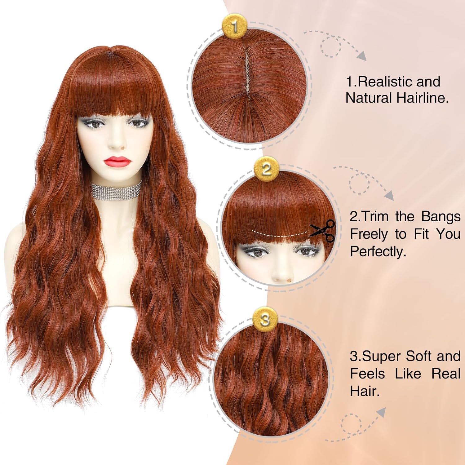 VERNA Peluca castaño rojizo con fleco, pelucas de 26 pulgadas de largo castaño rojizo para mujer, peluca de cabello castaño castaño de aspecto