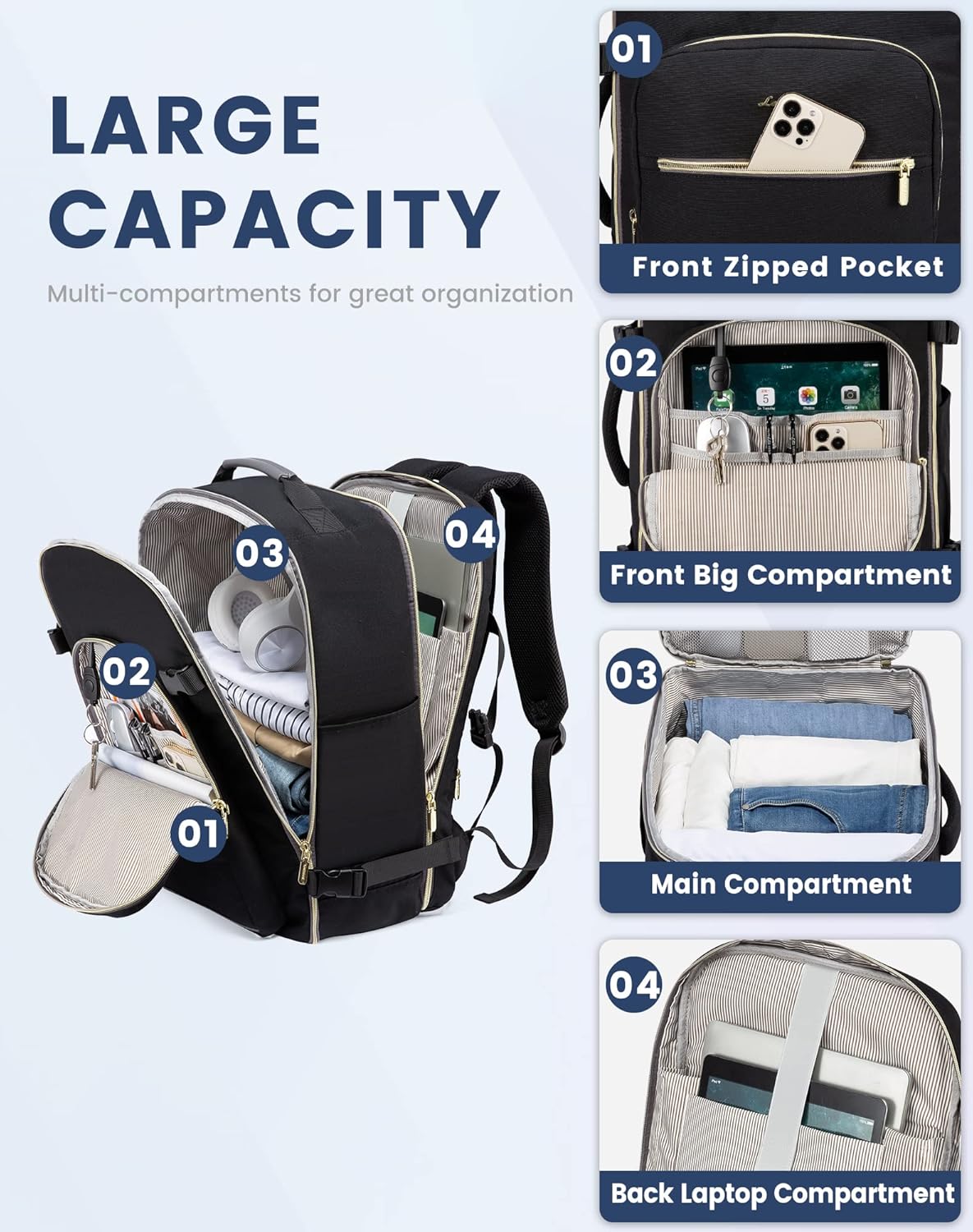 LOVEVOOK Mochila de viaje para mujeres y hombres como artículo personal aprobado por vuelo, equipaje de 40 L, Negro –