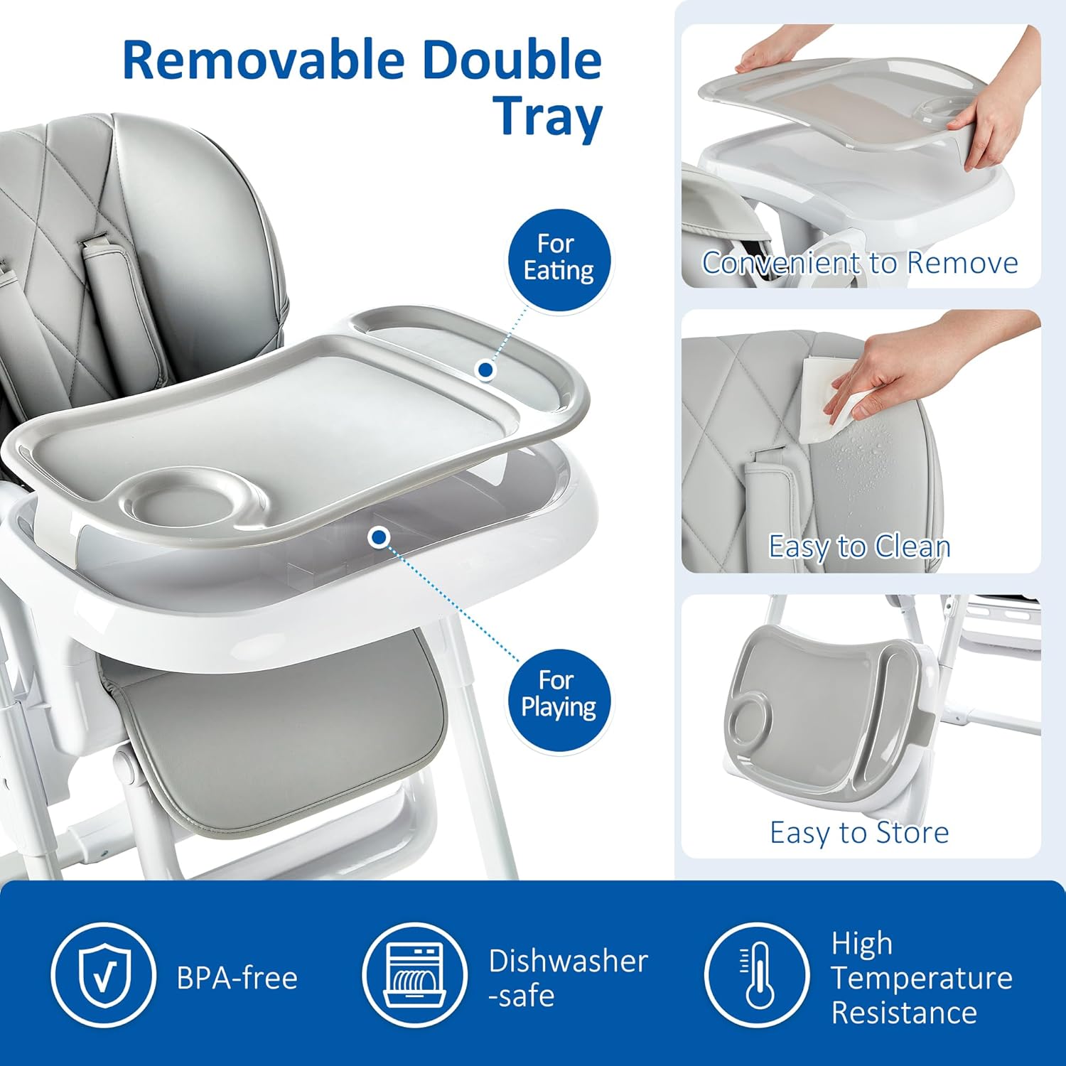 Babevy Sillas altas para bebé, multifuncionales para bebés con altura ajustable y reclinable, silla alta plegable para bebé con bandeja extraíble,