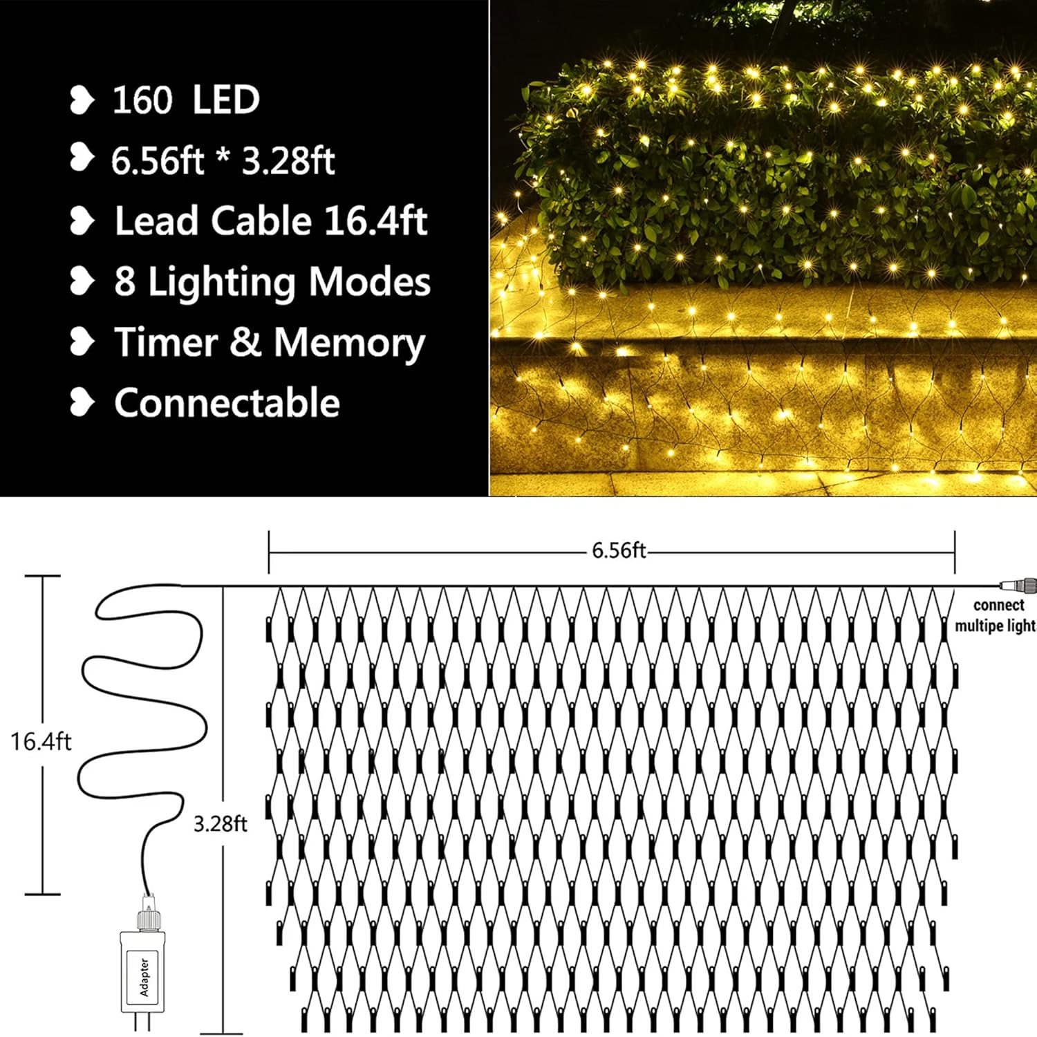 LED Christmas Net Lights Outdoor Decorative Lights, 6.6ftx3.3ft 160 LED Fairy Mesh Lights, 8 Modes Waterproof Connectable Plug In Christmas Lights